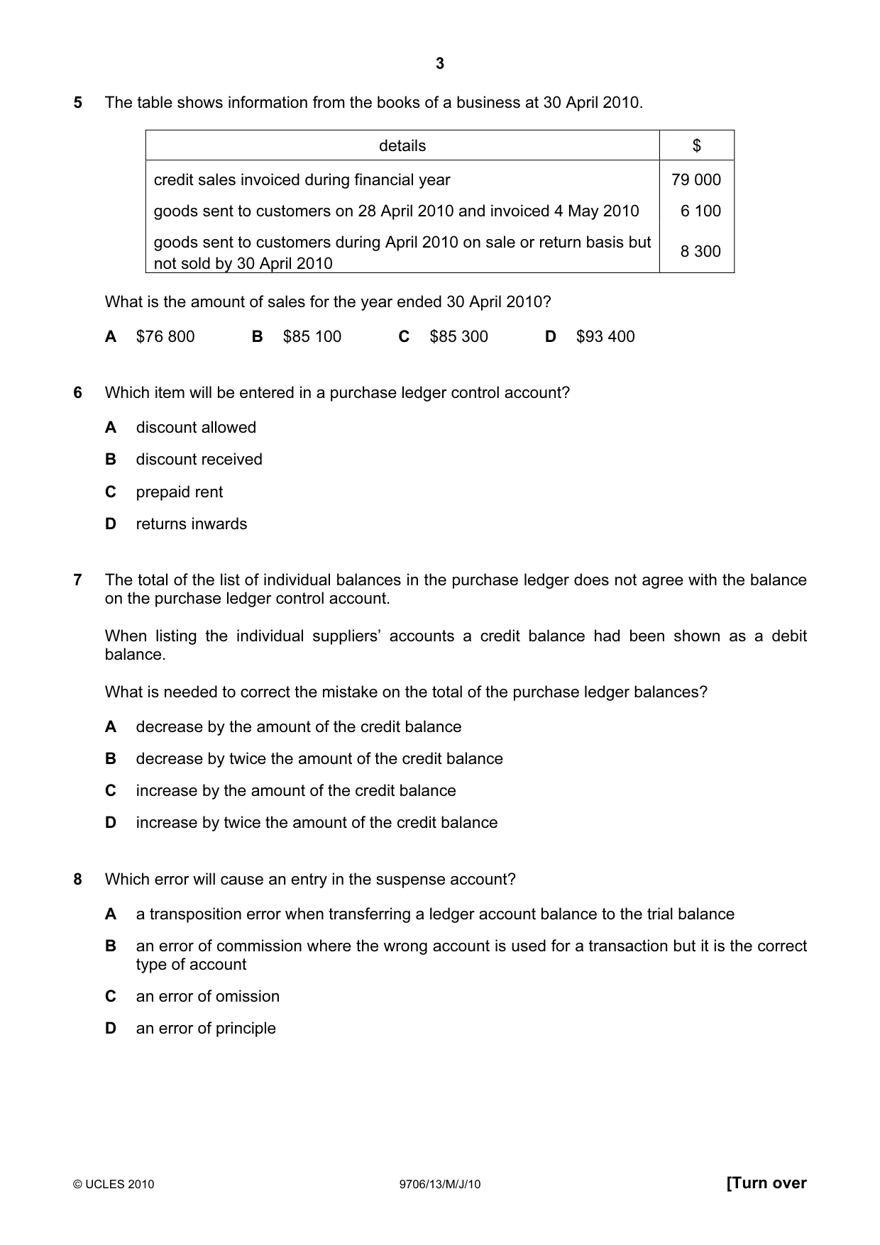 Cambridge A Level Accounting 9706 2010 May/June Paper 1 · Variant 3 question paper, page 3 of 12