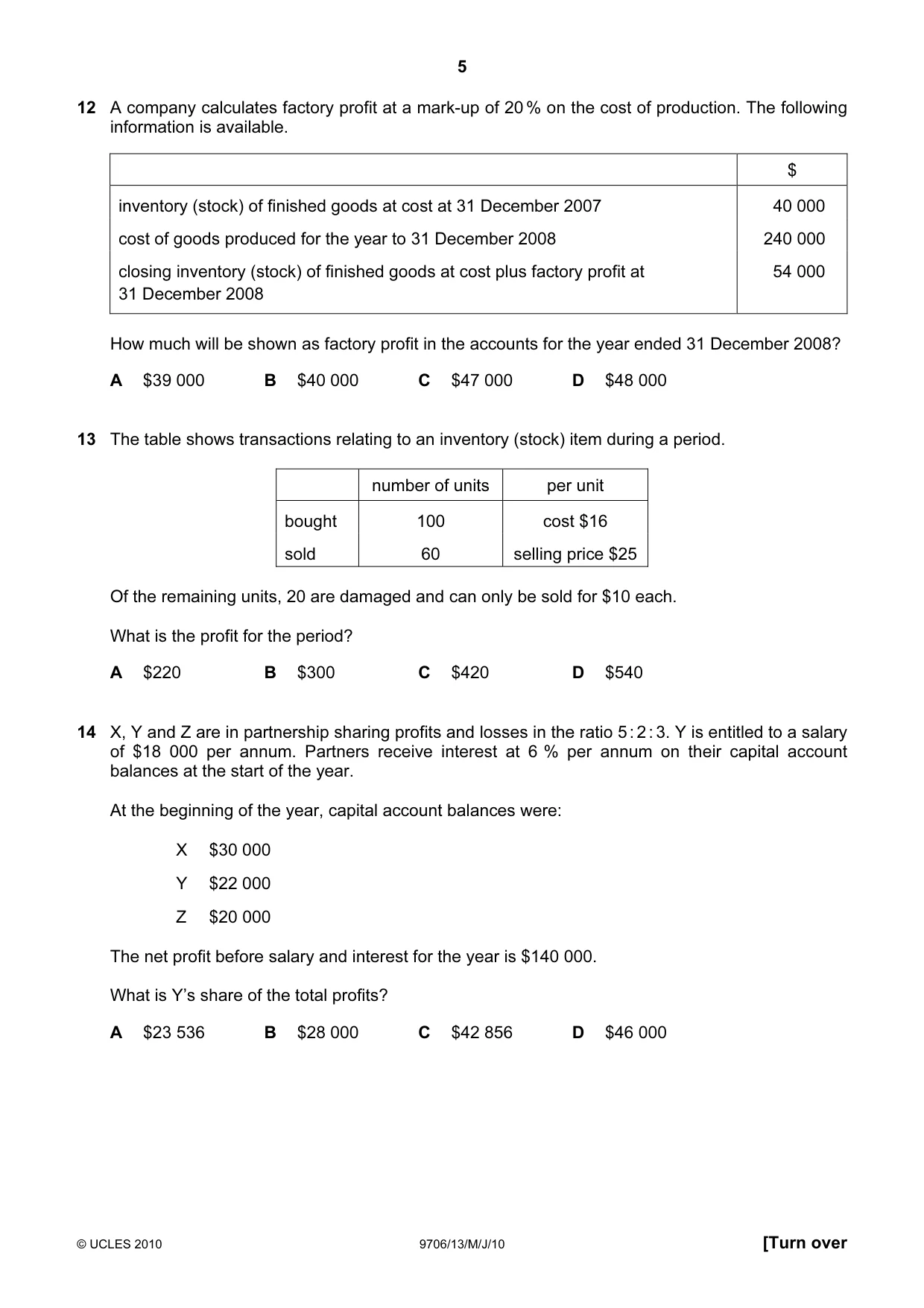 Cambridge A Level Accounting 9706 2010 May/June Paper 1 · Variant 3 question paper, page 5 of 12