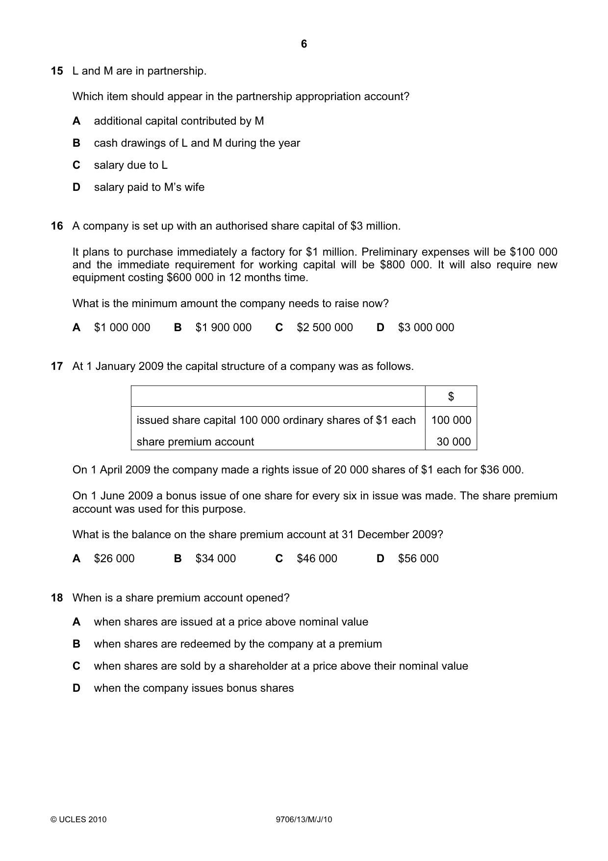 Cambridge A Level Accounting 9706 2010 May/June Paper 1 · Variant 3 question paper, page 6 of 12