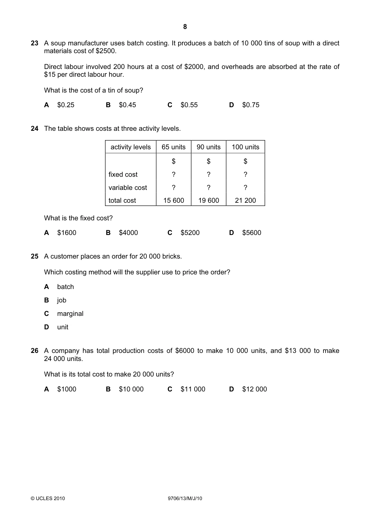 Cambridge A Level Accounting 9706 2010 May/June Paper 1 · Variant 3 question paper, page 8 of 12