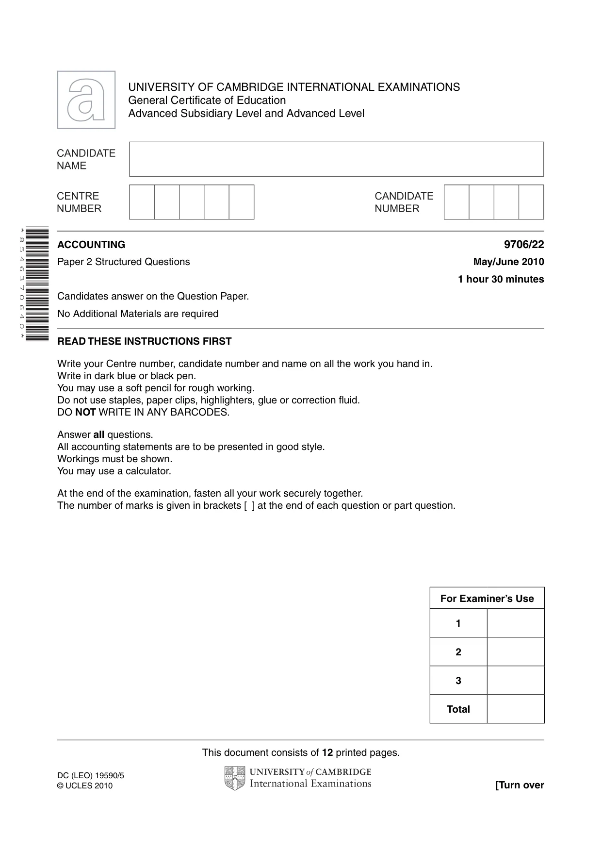Cambridge A Level Accounting 9706 2010 May/June Paper 2 · Variant 2 question paper, page 1 of 12