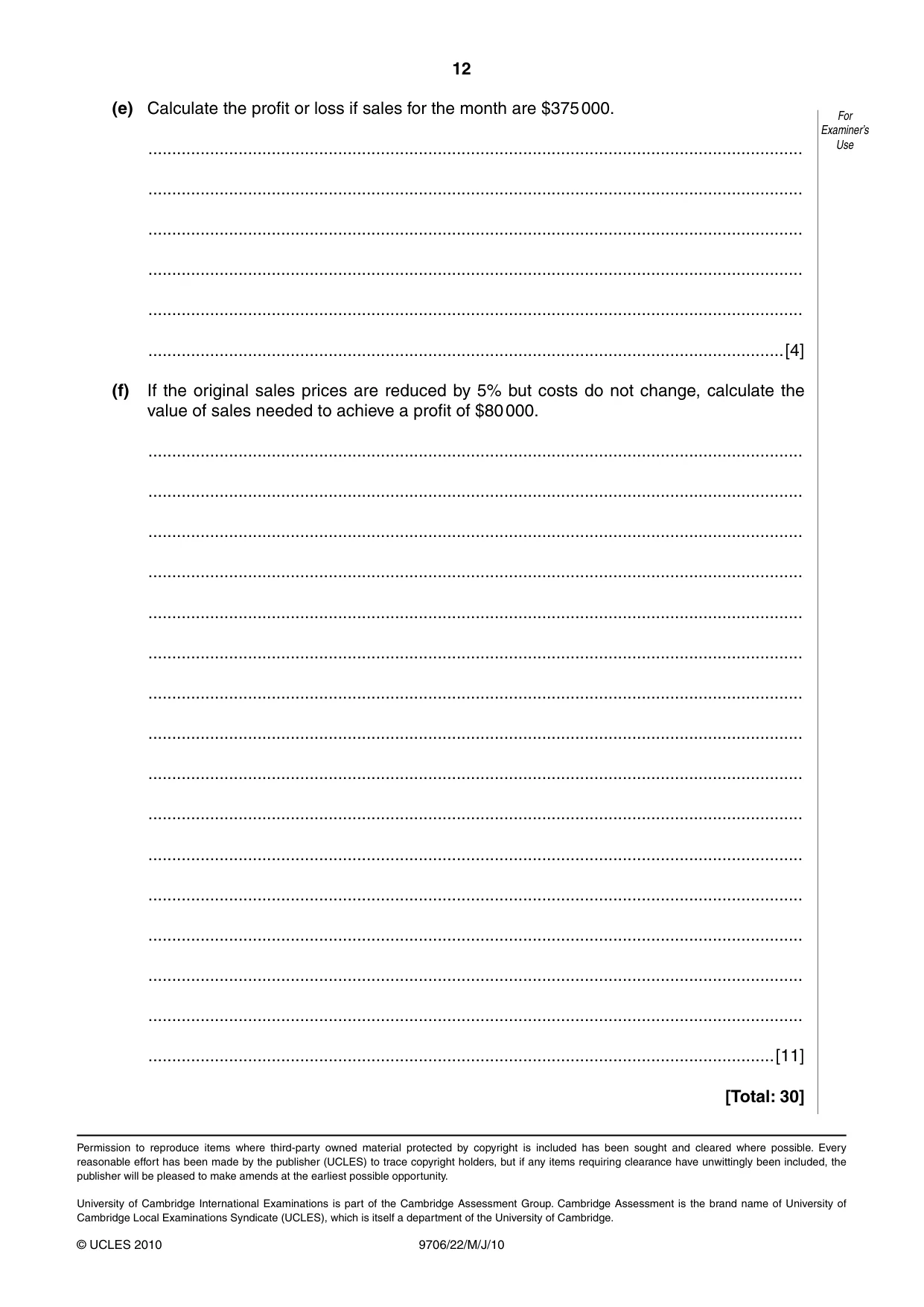 Cambridge A Level Accounting 9706 2010 May/June Paper 2 · Variant 2 question paper, page 12 of 12