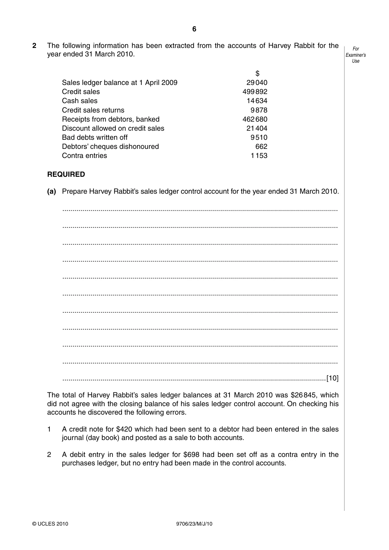 Cambridge A Level Accounting 9706 2010 May/June Paper 2 · Variant 3 question paper, page 6 of 12