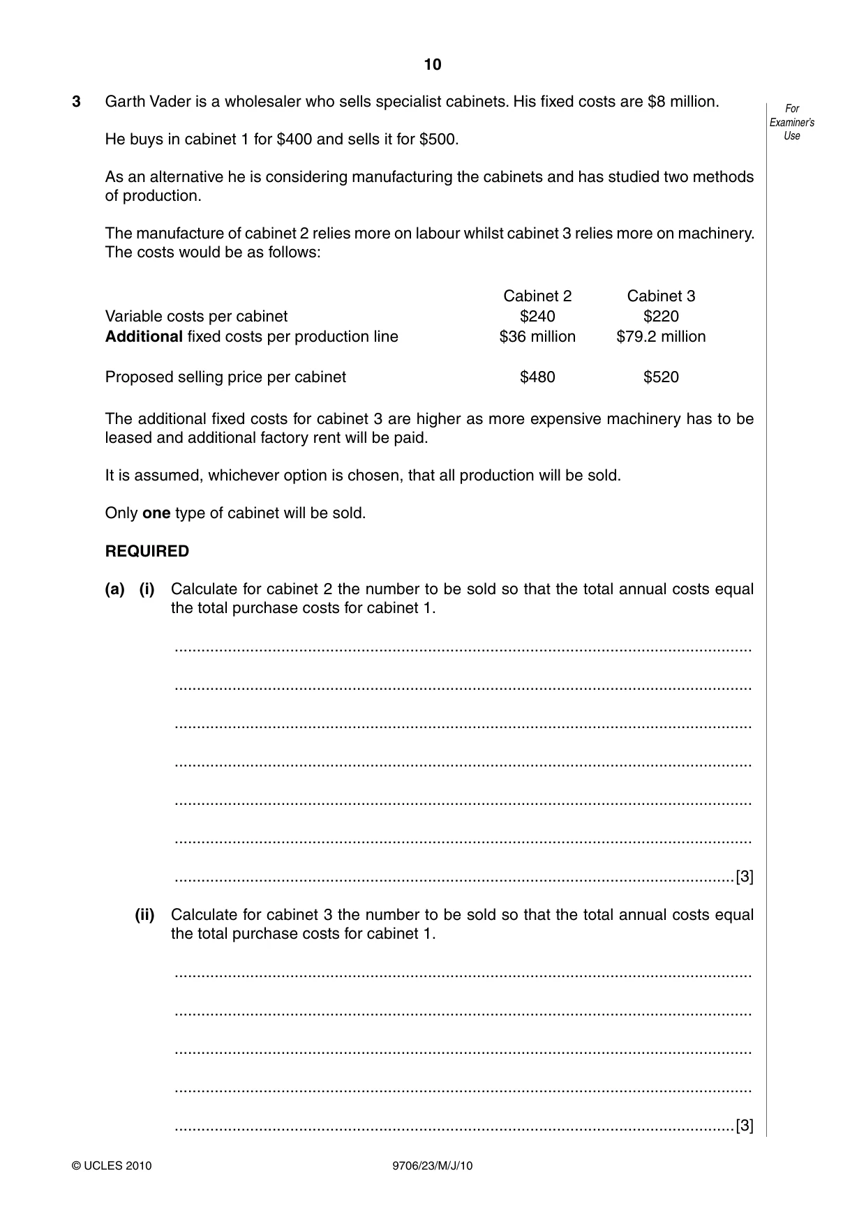 Cambridge A Level Accounting 9706 2010 May/June Paper 2 · Variant 3 question paper, page 10 of 12