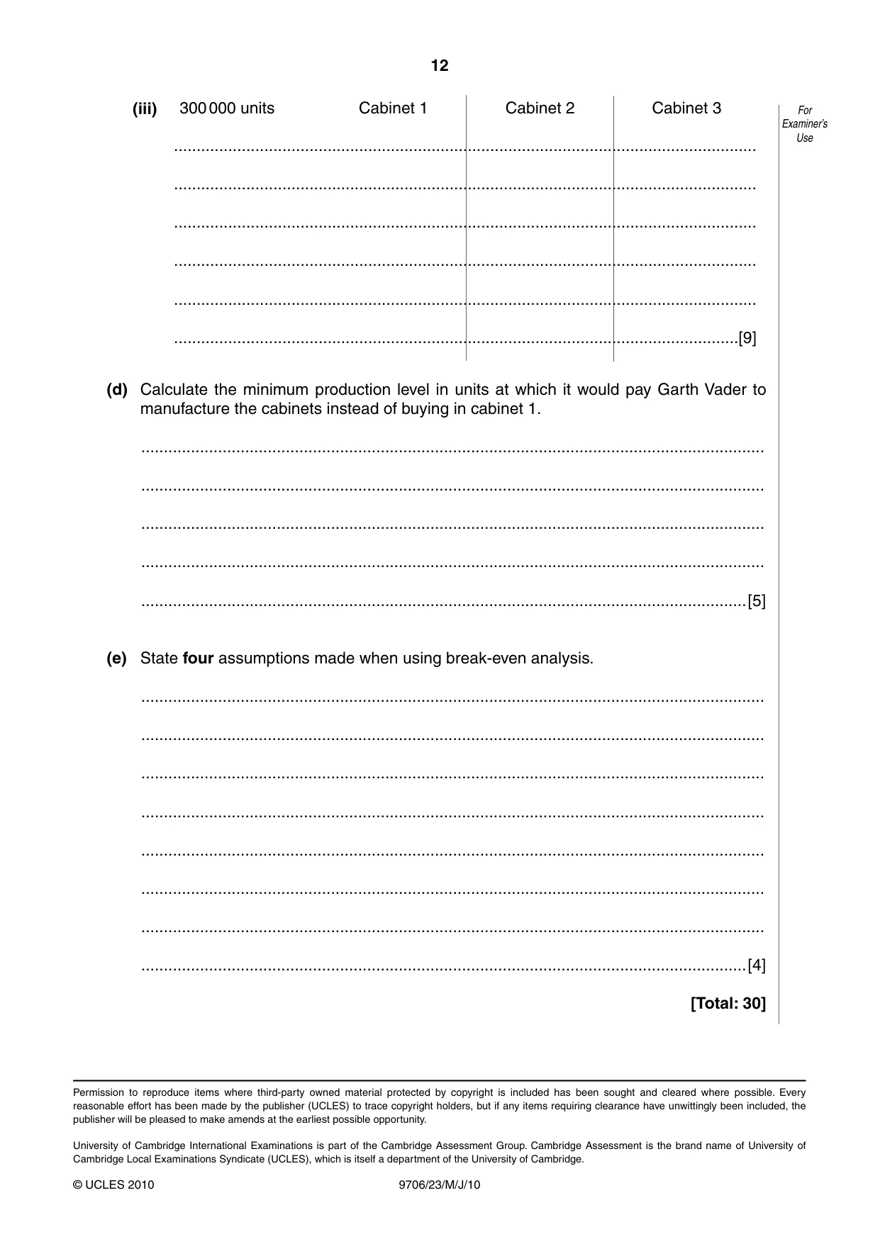 Cambridge A Level Accounting 9706 2010 May/June Paper 2 · Variant 3 question paper, page 12 of 12