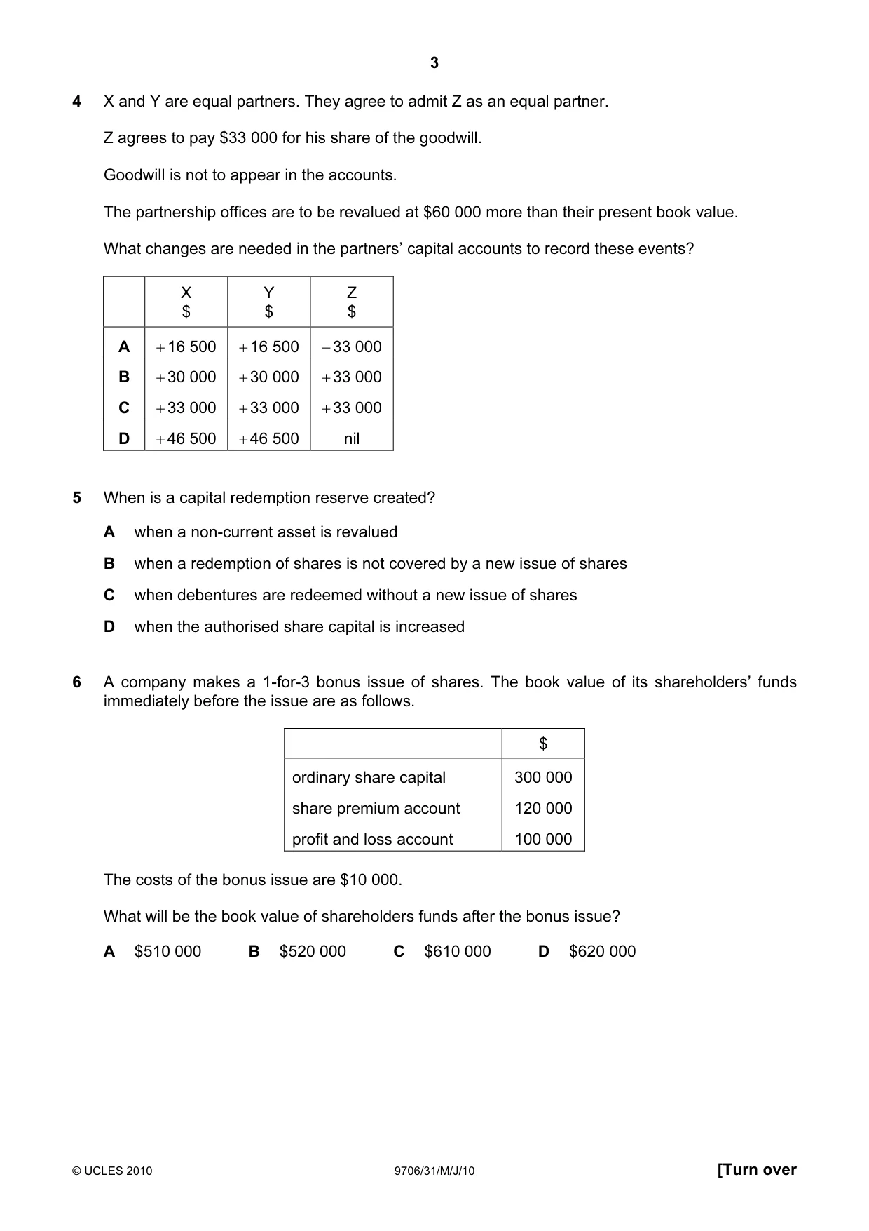 Cambridge A Level Accounting 9706 2010 May/June Paper 3 · Variant 1 question paper, page 3 of 12