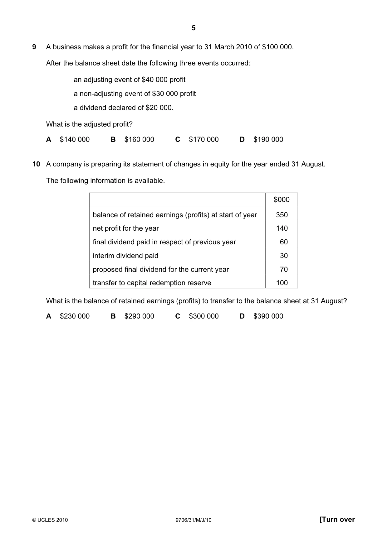 Cambridge A Level Accounting 9706 2010 May/June Paper 3 · Variant 1 question paper, page 5 of 12