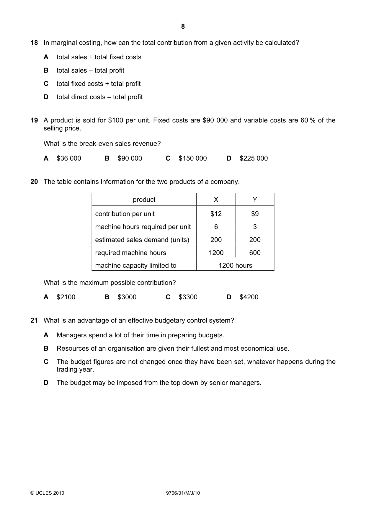 Cambridge A Level Accounting 9706 2010 May/June Paper 3 · Variant 1 question paper, page 8 of 12