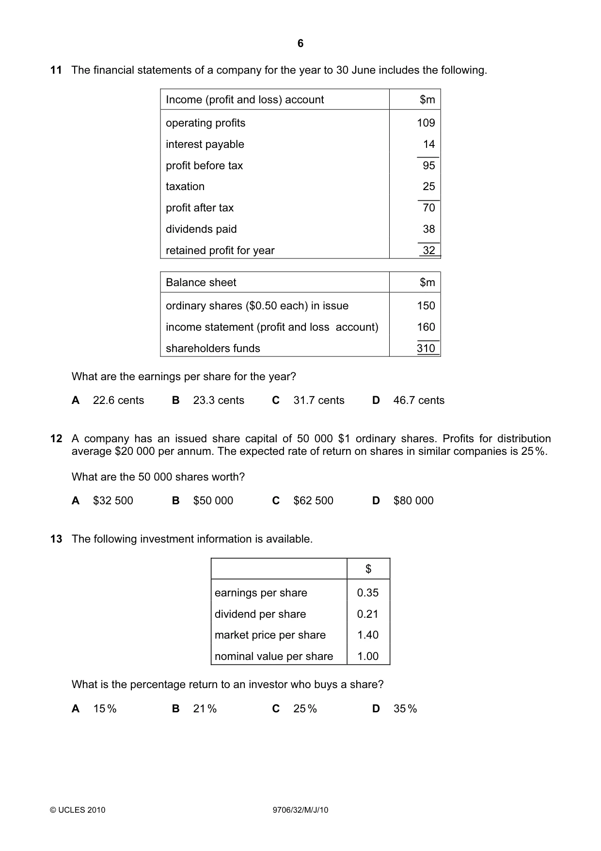 Cambridge A Level Accounting 9706 2010 May/June Paper 3 · Variant 2 question paper, page 6 of 12