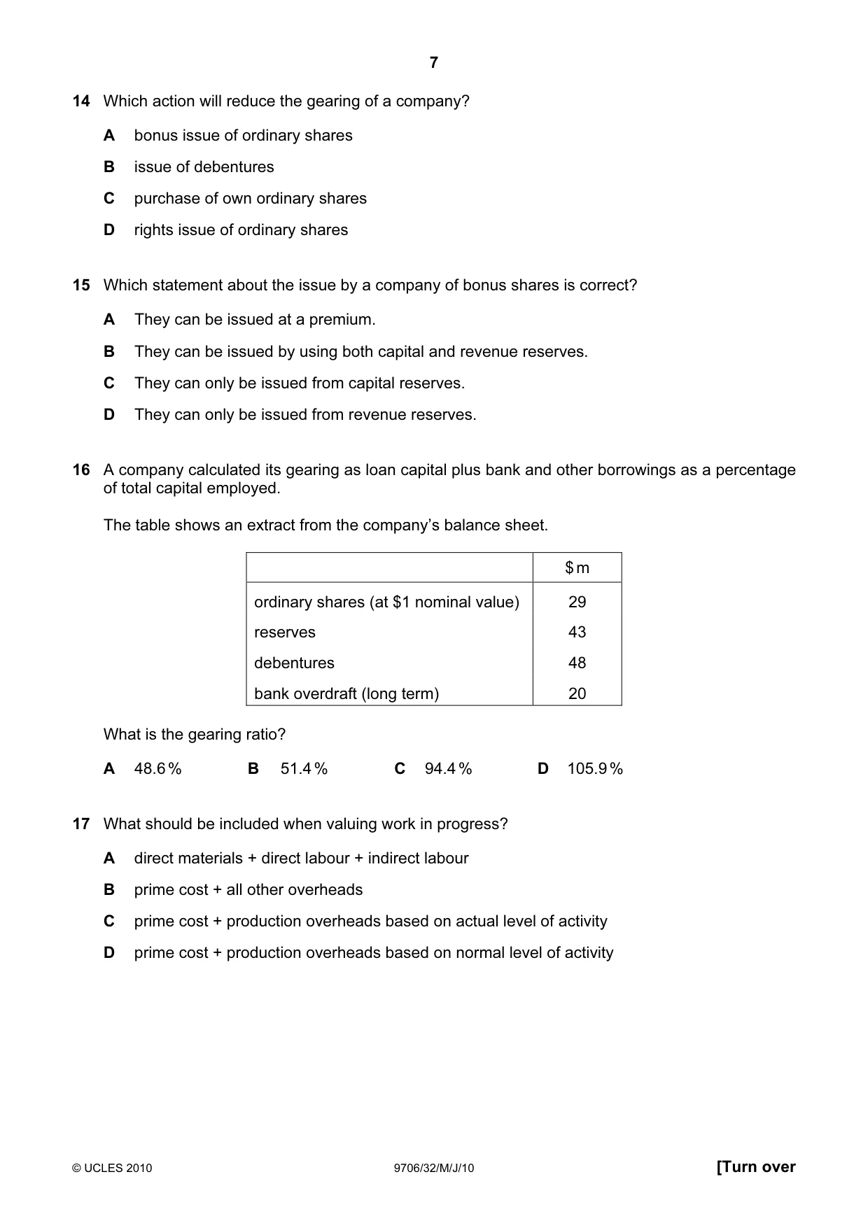 Cambridge A Level Accounting 9706 2010 May/June Paper 3 · Variant 2 question paper, page 7 of 12
