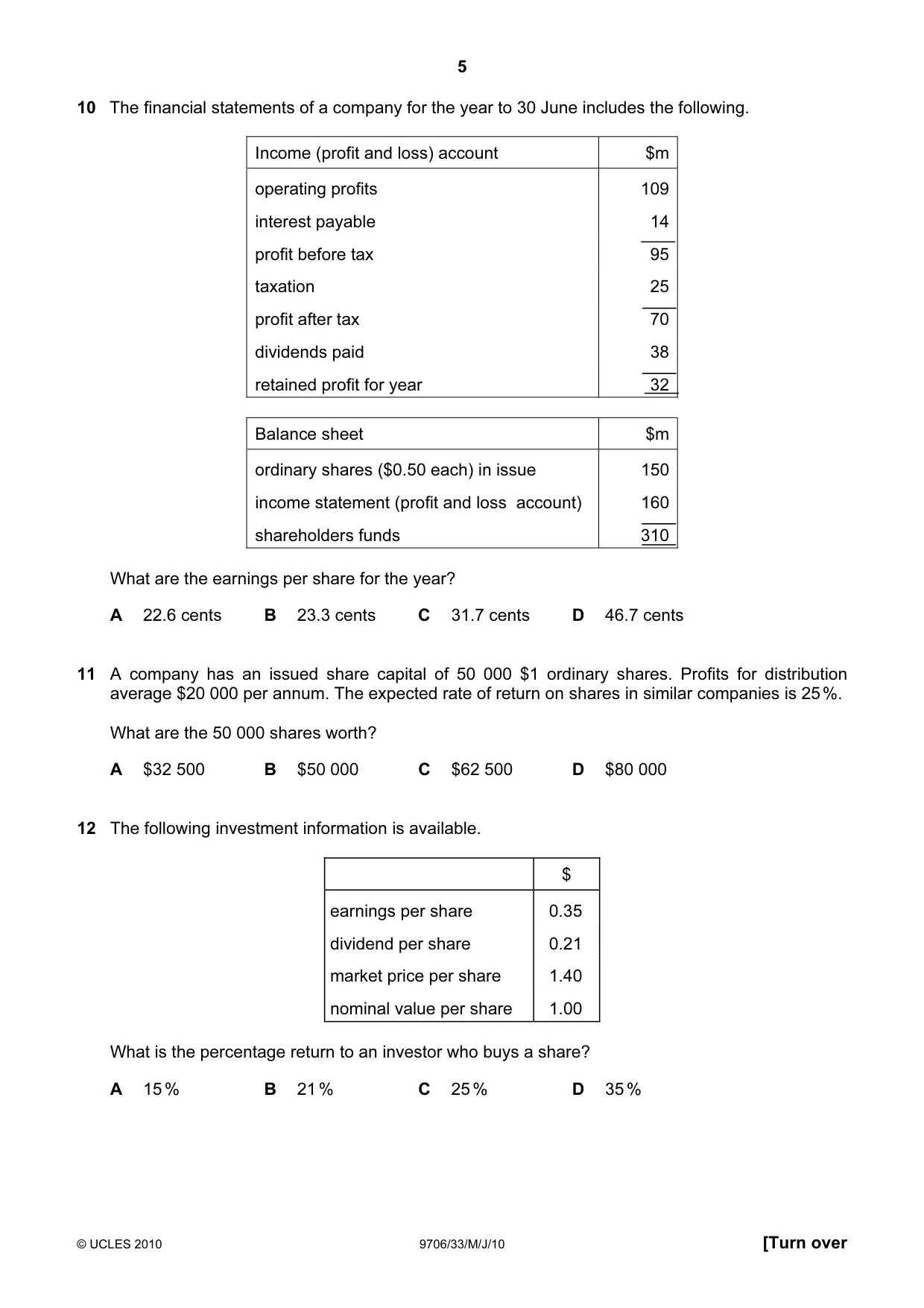 Cambridge A Level Accounting 9706 2010 May/June Paper 3 · Variant 3 question paper, page 5 of 12
