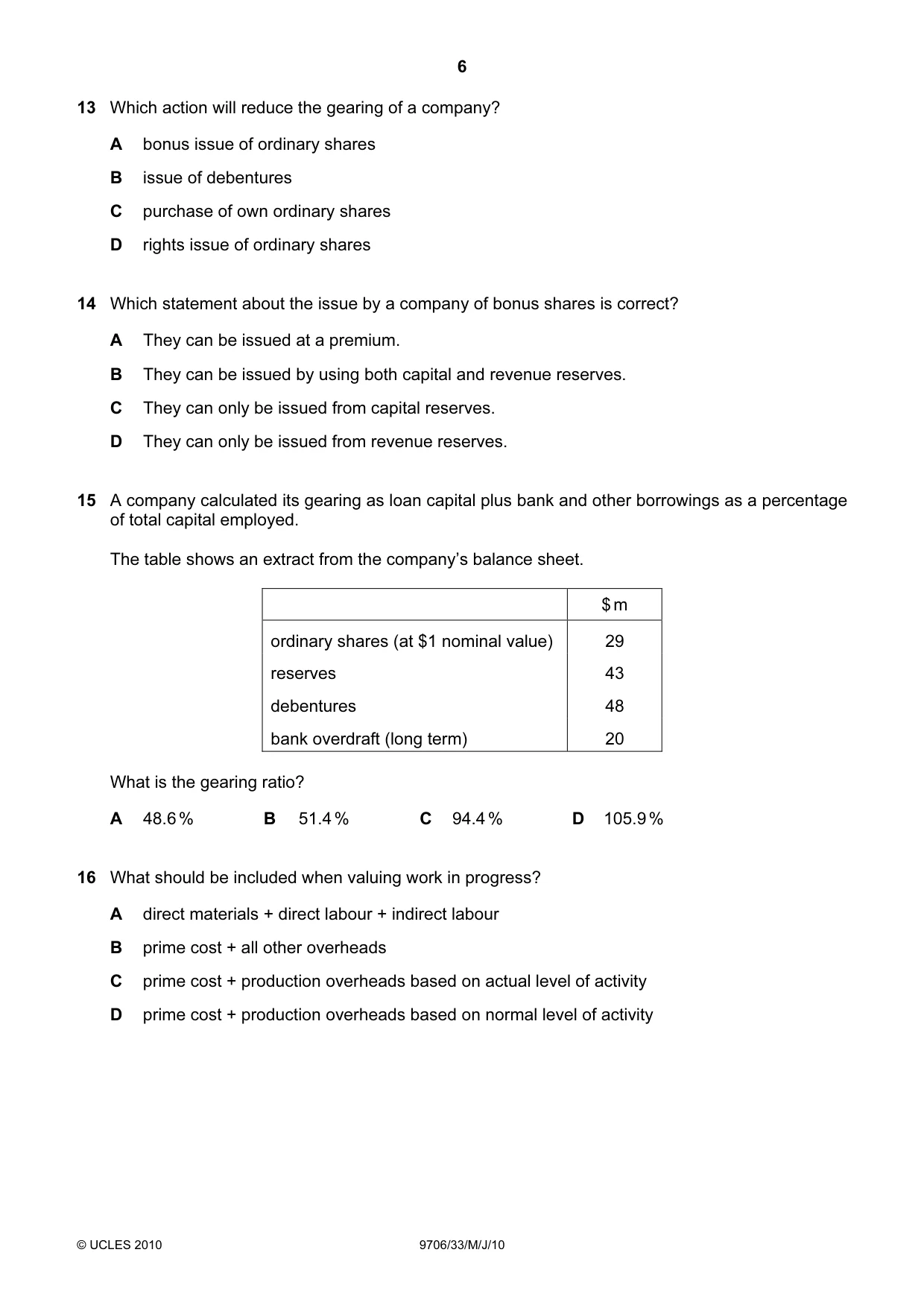 Cambridge A Level Accounting 9706 2010 May/June Paper 3 · Variant 3 question paper, page 6 of 12