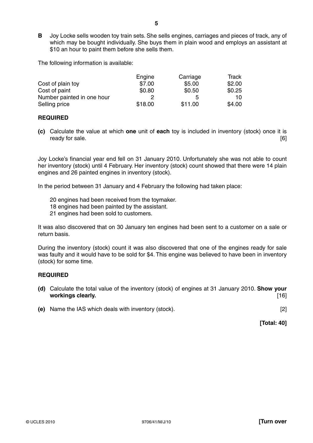Cambridge A Level Accounting 9706 2010 May/June Paper 4 · Variant 1 question paper, page 5 of 8