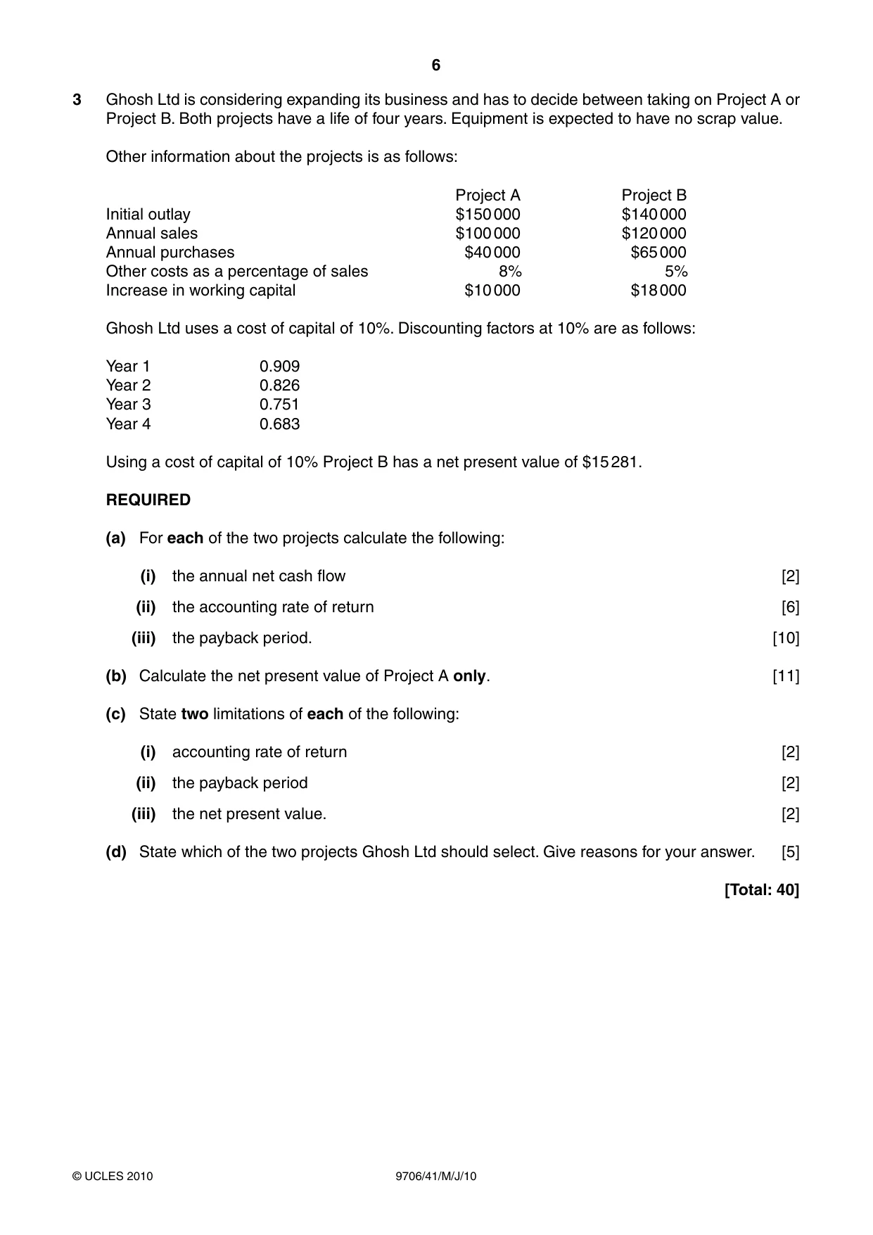 Cambridge A Level Accounting 9706 2010 May/June Paper 4 · Variant 1 question paper, page 6 of 8