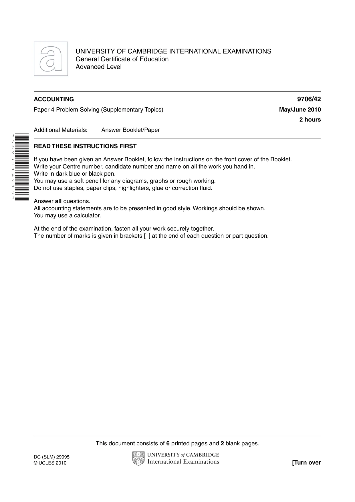Cambridge A Level Accounting 9706 2010 May/June Paper 4 · Variant 2 question paper, page 1 of 8