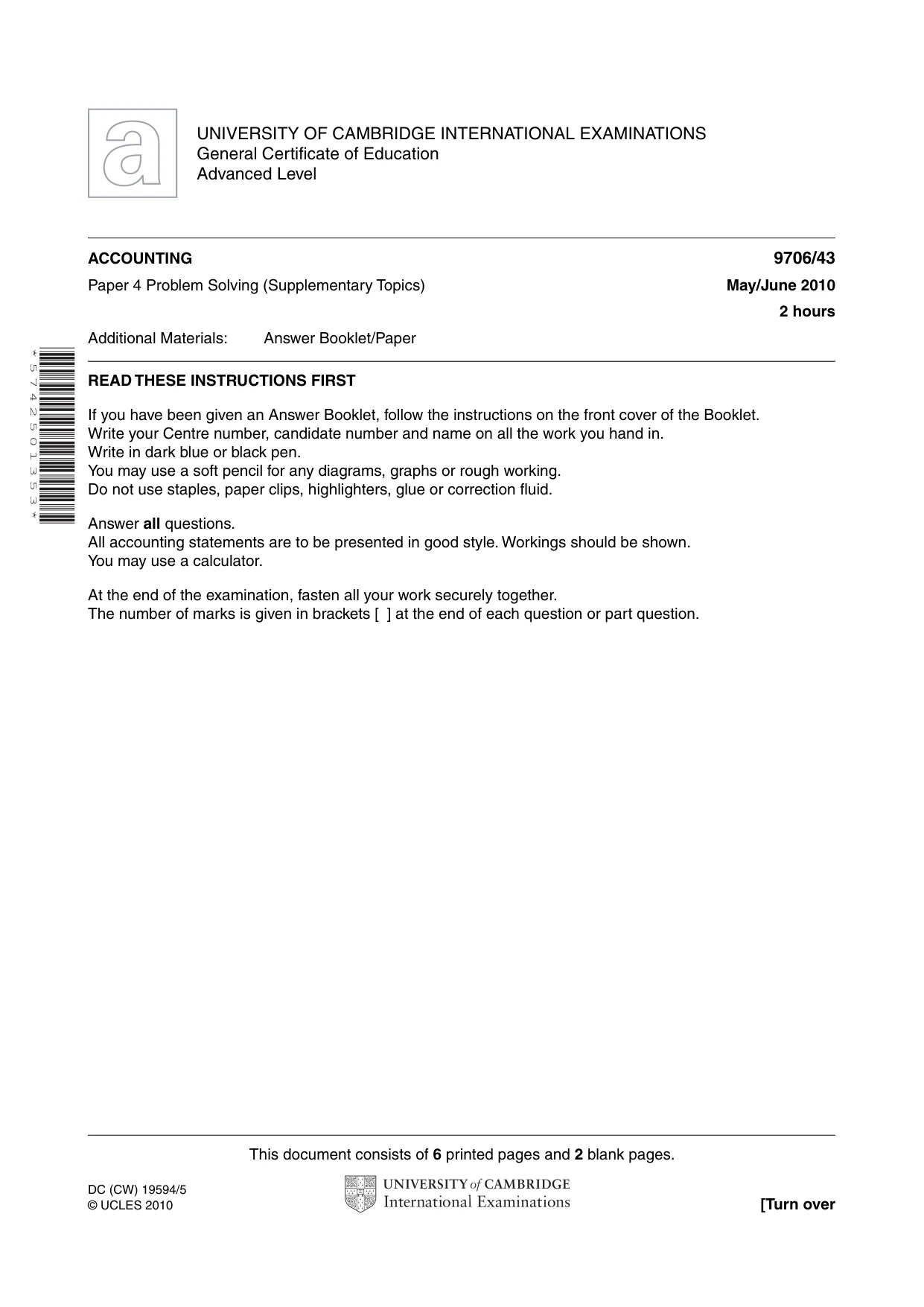 Cambridge A Level Accounting 9706 2010 May/June Paper 4 · Variant 3 question paper, page 1 of 8