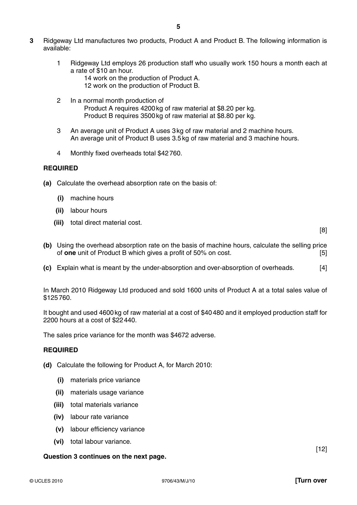 Cambridge A Level Accounting 9706 2010 May/June Paper 4 · Variant 3 question paper, page 5 of 8