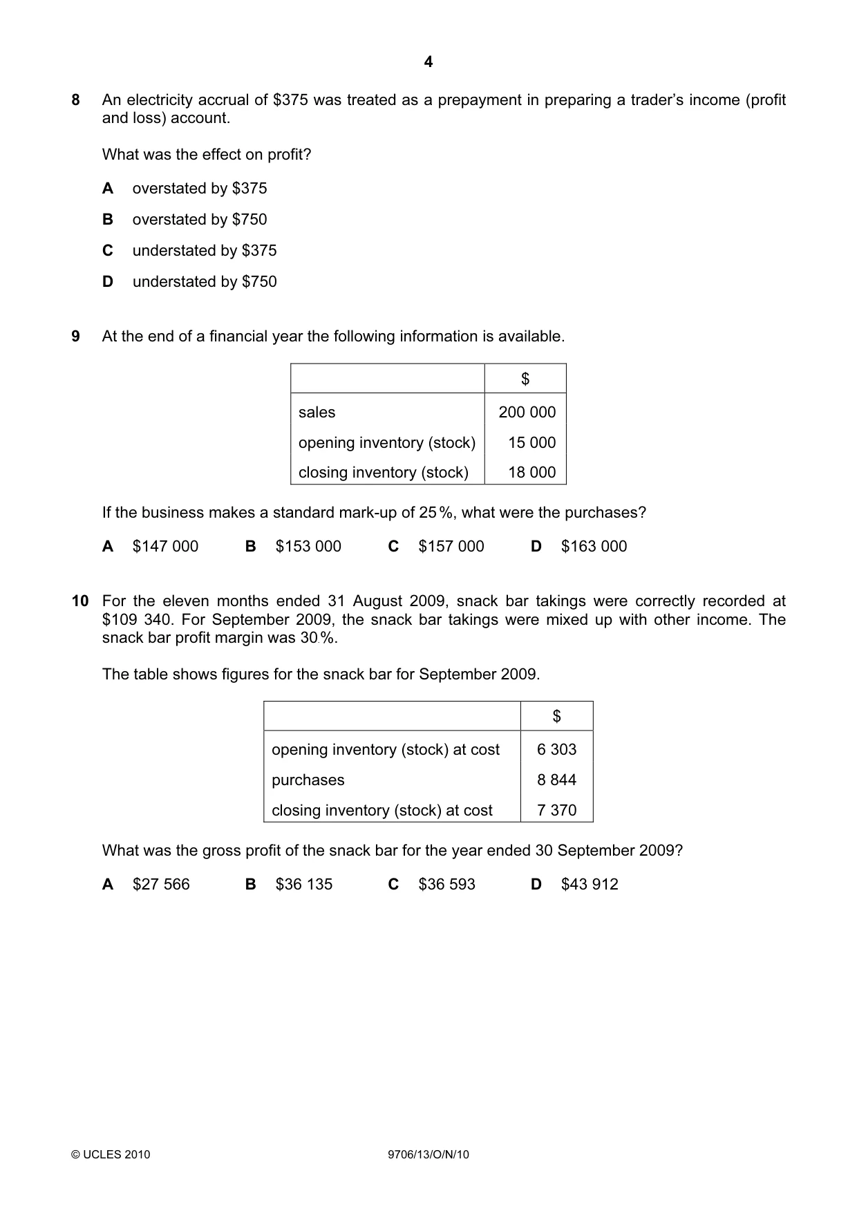 Cambridge A Level Accounting 9706 2010 Oct/Nov Paper 1 · Variant 3 question paper, page 4 of 12