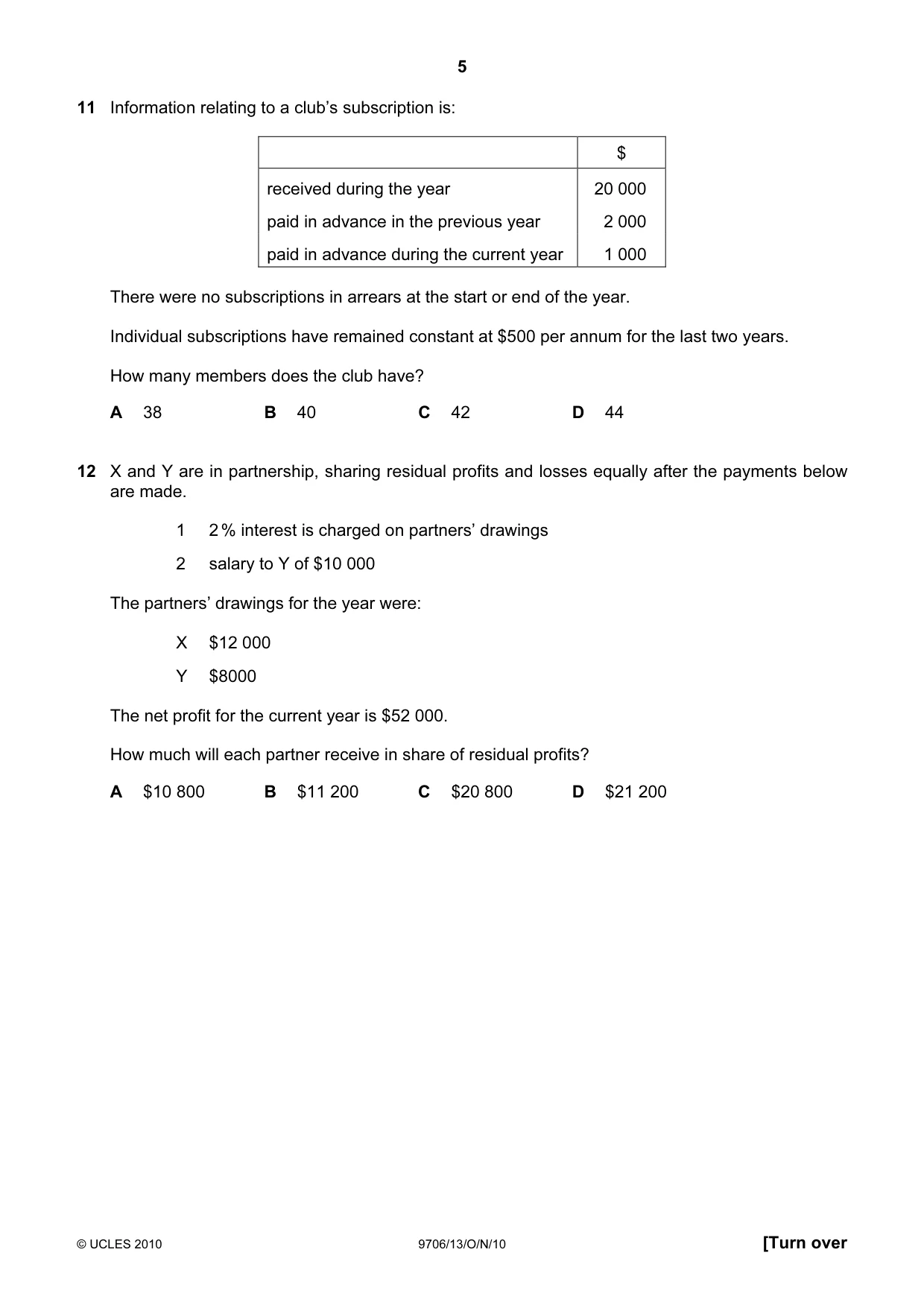 Cambridge A Level Accounting 9706 2010 Oct/Nov Paper 1 · Variant 3 question paper, page 5 of 12