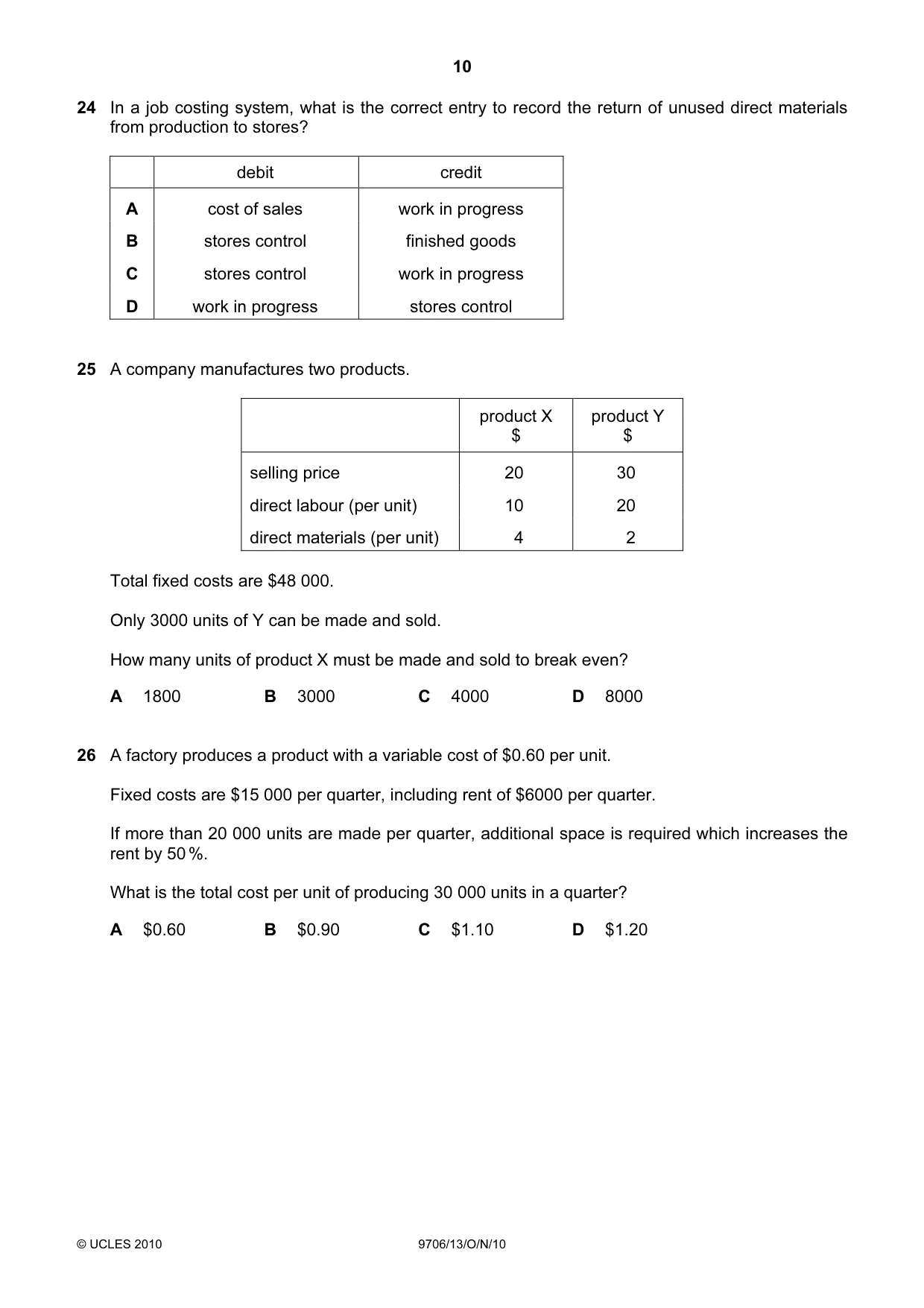 Cambridge A Level Accounting 9706 2010 Oct/Nov Paper 1 · Variant 3 question paper, page 10 of 12