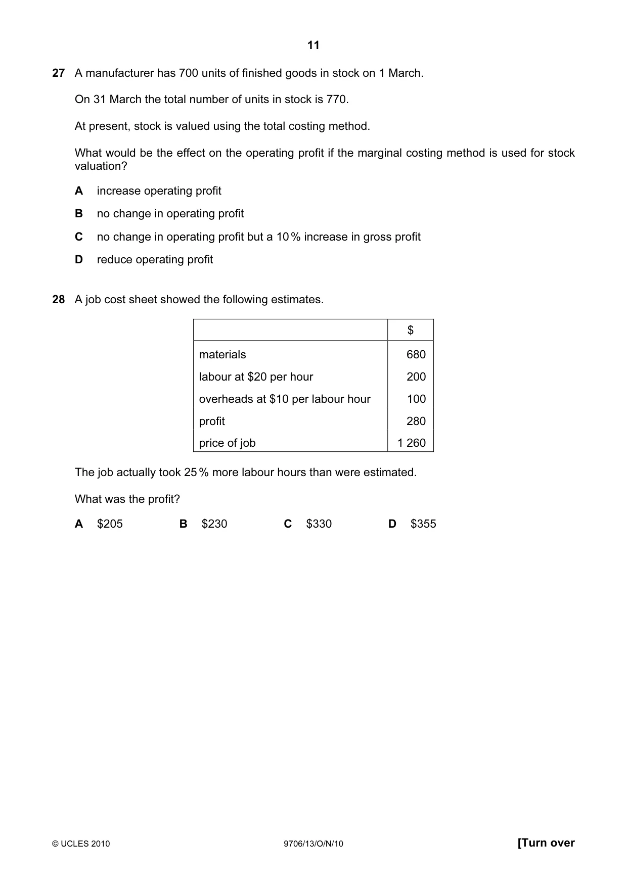 Cambridge A Level Accounting 9706 2010 Oct/Nov Paper 1 · Variant 3 question paper, page 11 of 12