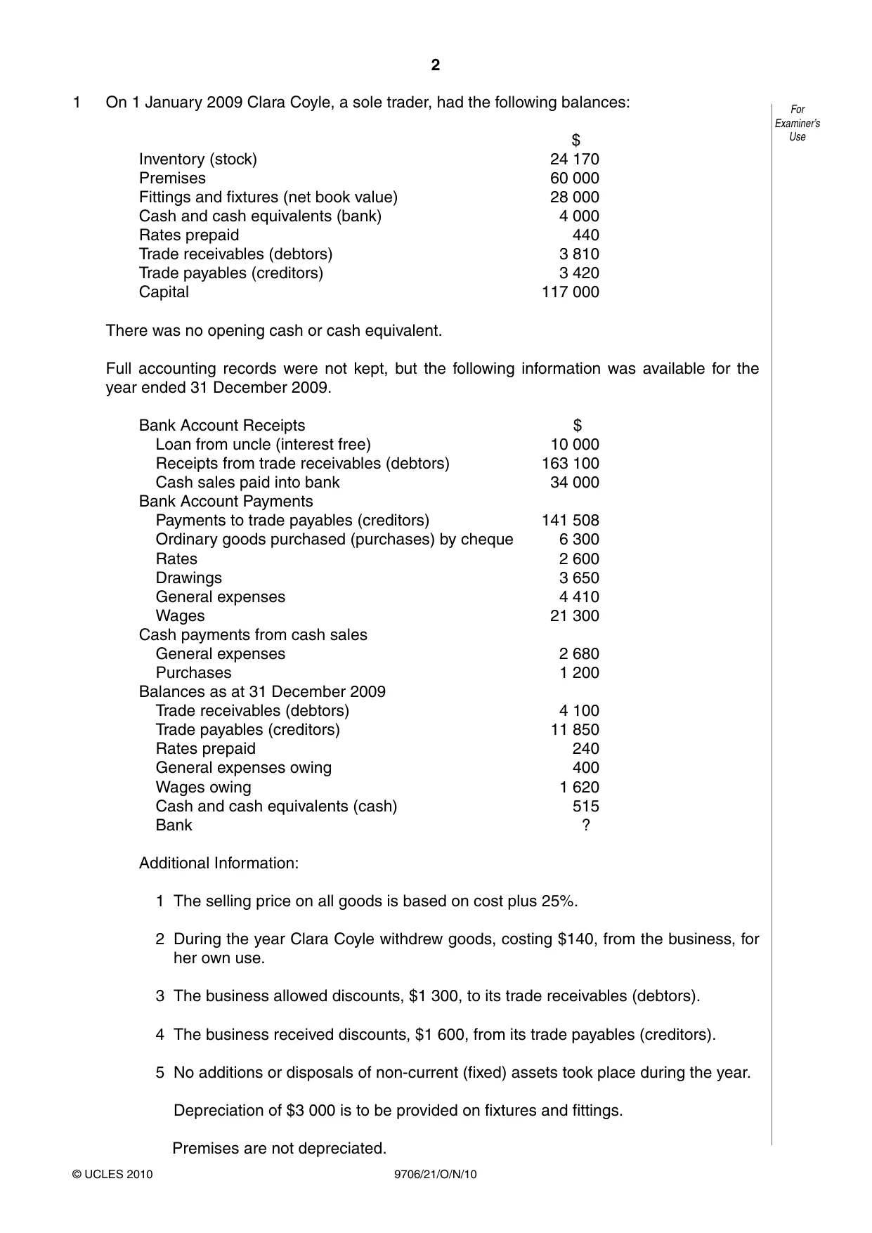 Cambridge A Level Accounting 9706 2010 Oct/Nov Paper 2 · Variant 1 question paper, page 2 of 16