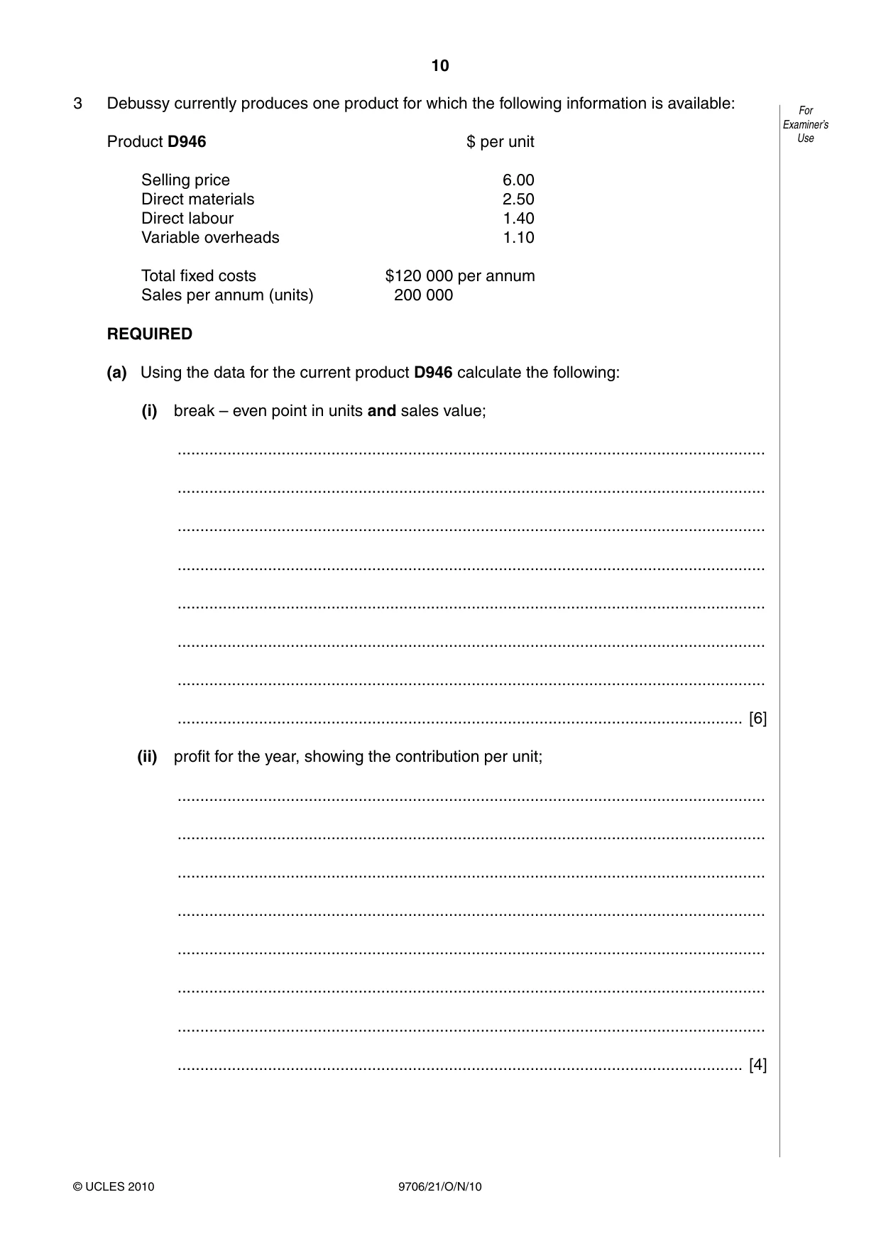 Cambridge A Level Accounting 9706 2010 Oct/Nov Paper 2 · Variant 1 question paper, page 10 of 16