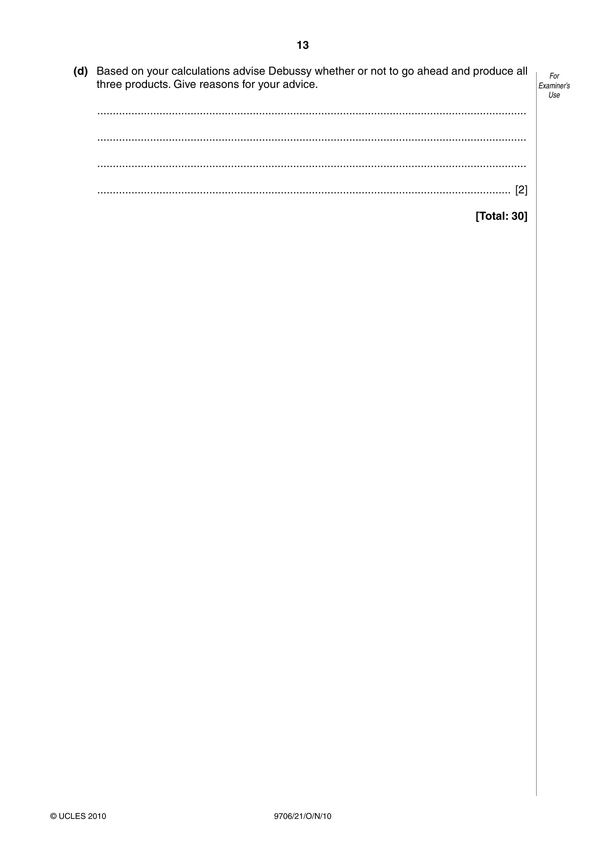 Cambridge A Level Accounting 9706 2010 Oct/Nov Paper 2 · Variant 1 question paper, page 13 of 16