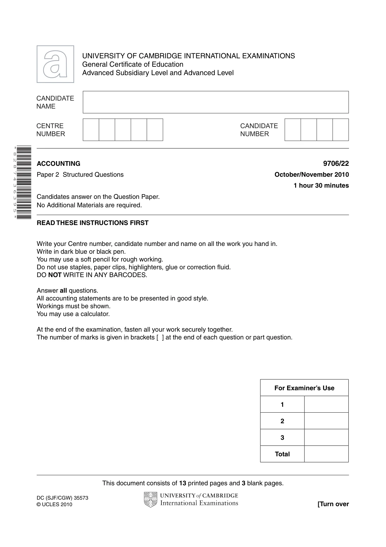 Cambridge A Level Accounting 9706 2010 Oct/Nov Paper 2 · Variant 2 question paper, page 1 of 16