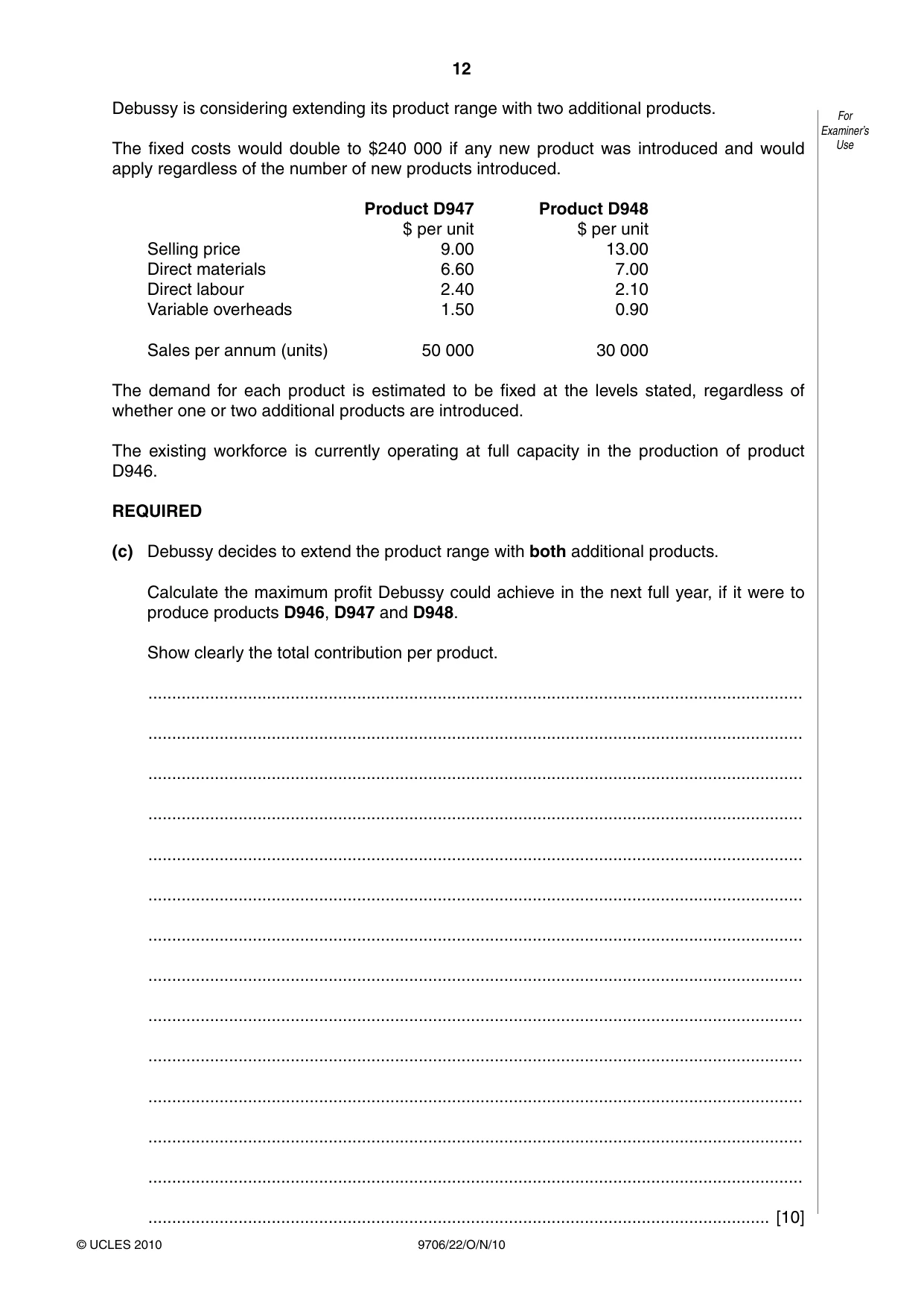 Cambridge A Level Accounting 9706 2010 Oct/Nov Paper 2 · Variant 2 question paper, page 12 of 16