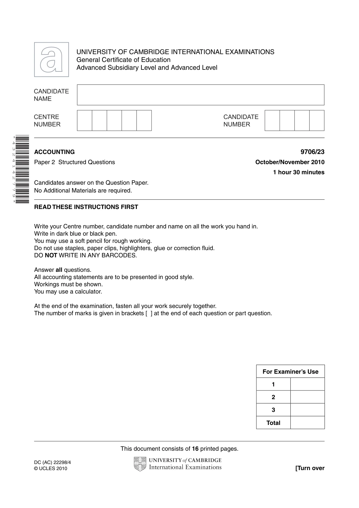 Cambridge A Level Accounting 9706 2010 Oct/Nov Paper 2 · Variant 3 question paper, page 1 of 16