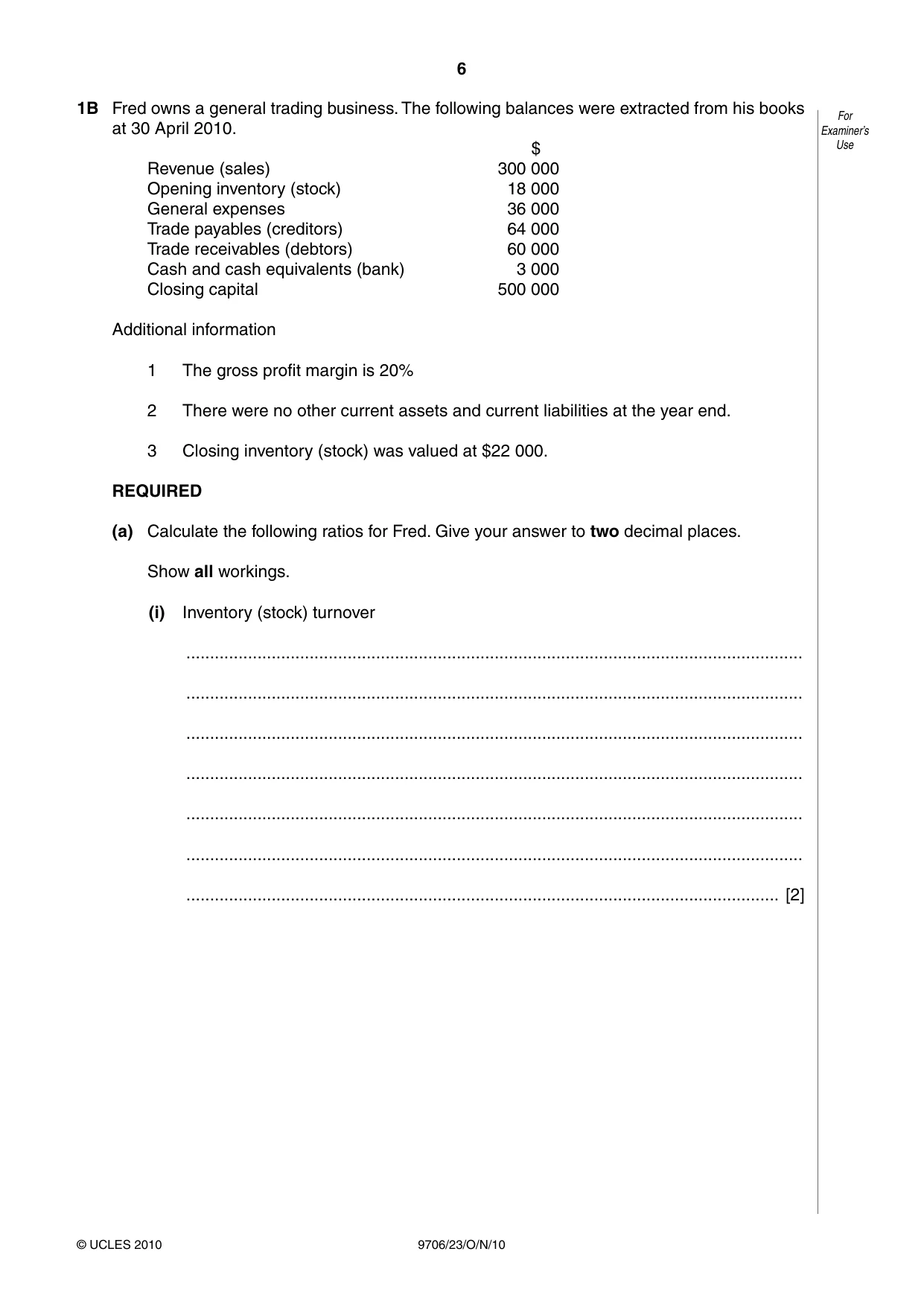 Cambridge A Level Accounting 9706 2010 Oct/Nov Paper 2 · Variant 3 question paper, page 6 of 16