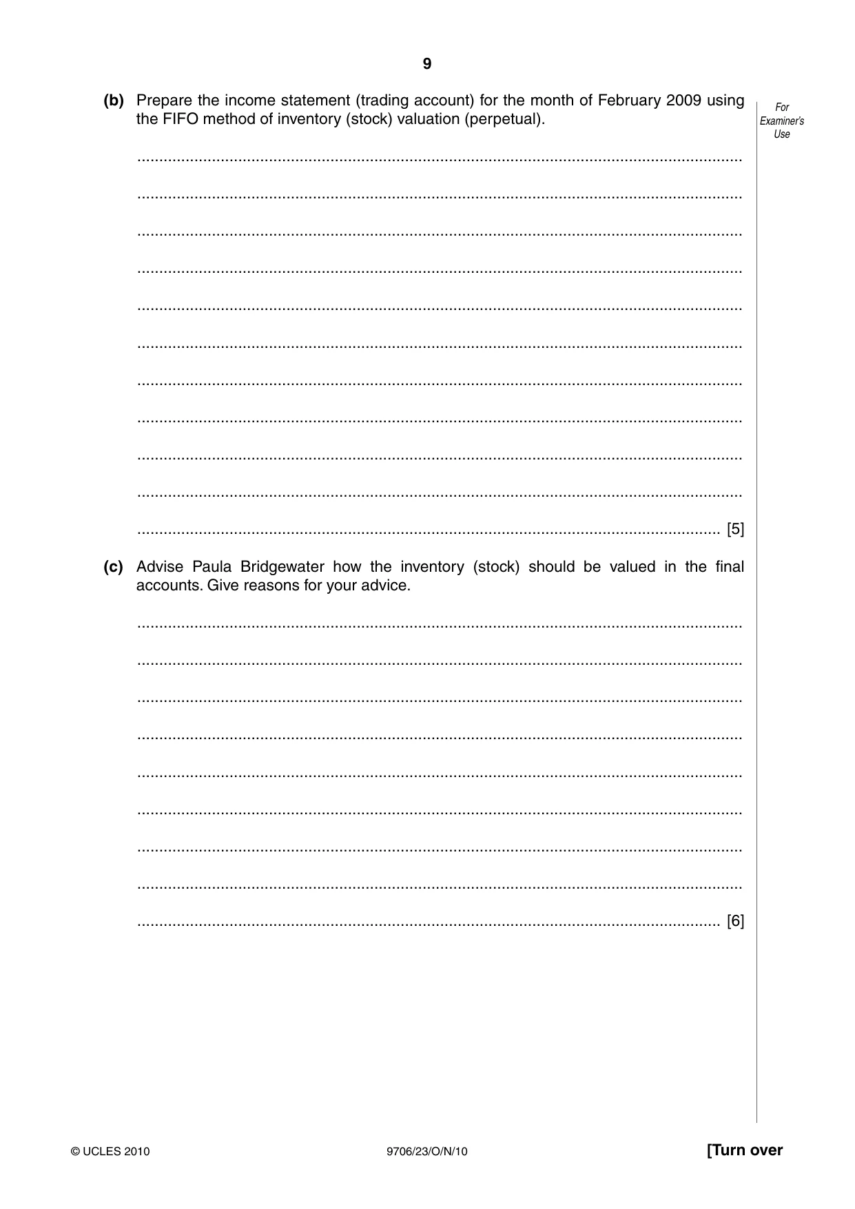 Cambridge A Level Accounting 9706 2010 Oct/Nov Paper 2 · Variant 3 question paper, page 9 of 16
