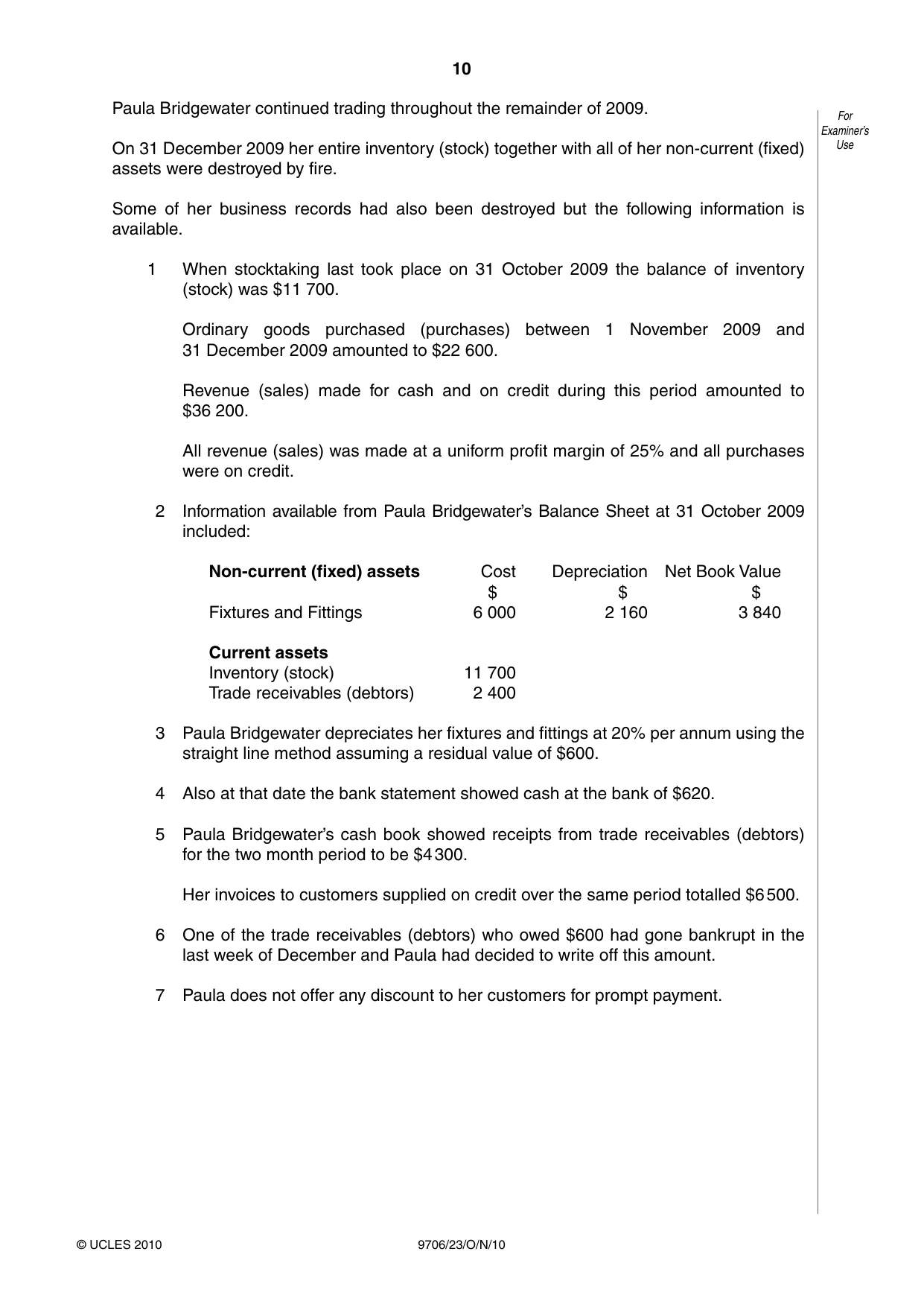Cambridge A Level Accounting 9706 2010 Oct/Nov Paper 2 · Variant 3 question paper, page 10 of 16