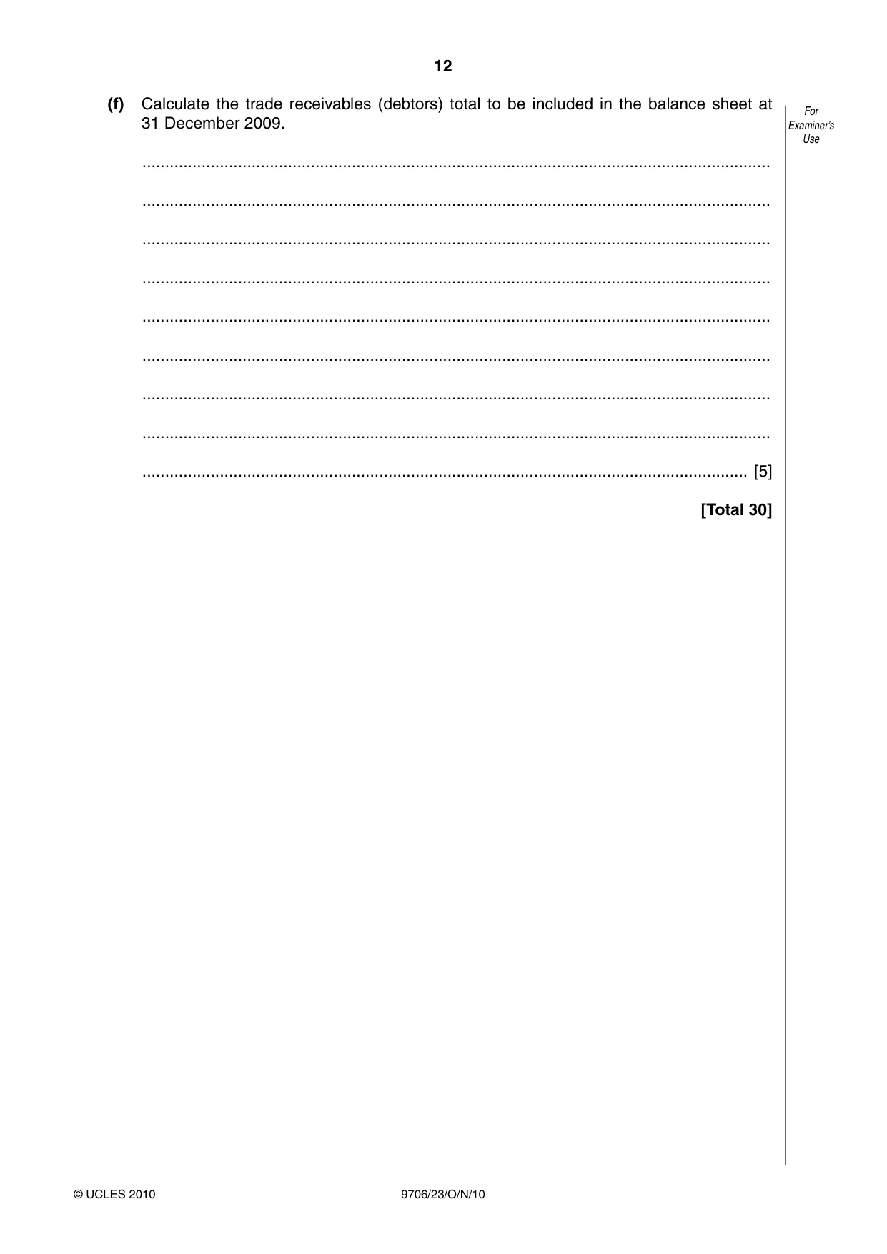 Cambridge A Level Accounting 9706 2010 Oct/Nov Paper 2 · Variant 3 question paper, page 12 of 16