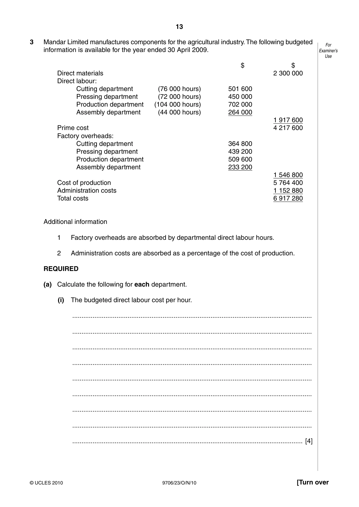 Cambridge A Level Accounting 9706 2010 Oct/Nov Paper 2 · Variant 3 question paper, page 13 of 16