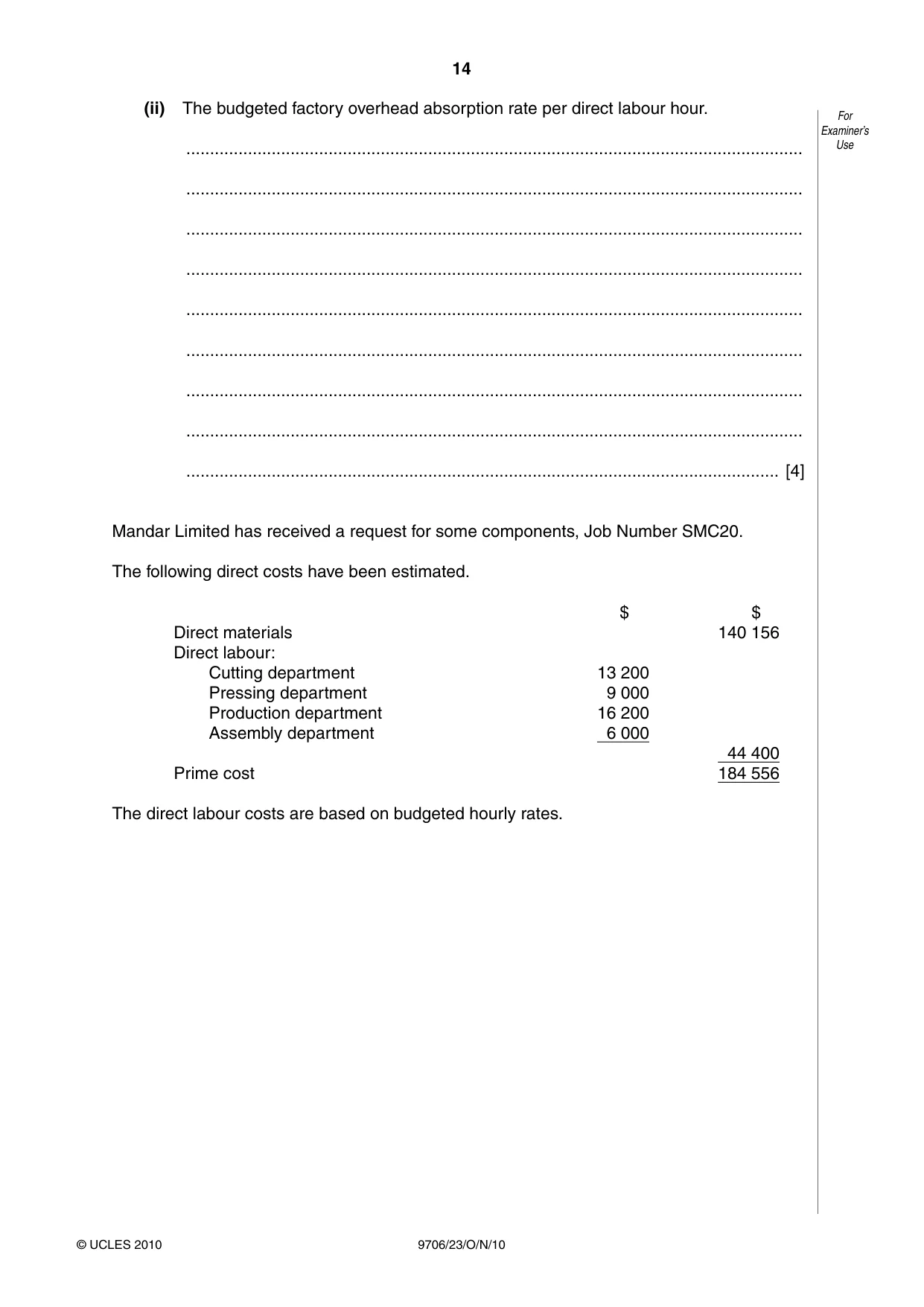 Cambridge A Level Accounting 9706 2010 Oct/Nov Paper 2 · Variant 3 question paper, page 14 of 16