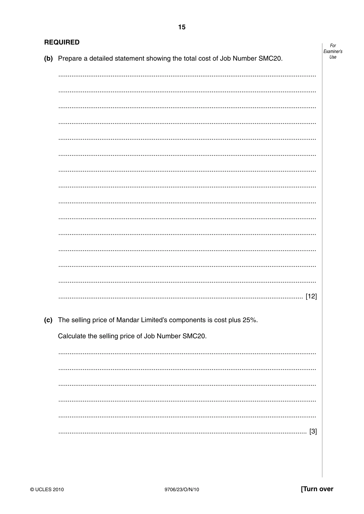 Cambridge A Level Accounting 9706 2010 Oct/Nov Paper 2 · Variant 3 question paper, page 15 of 16