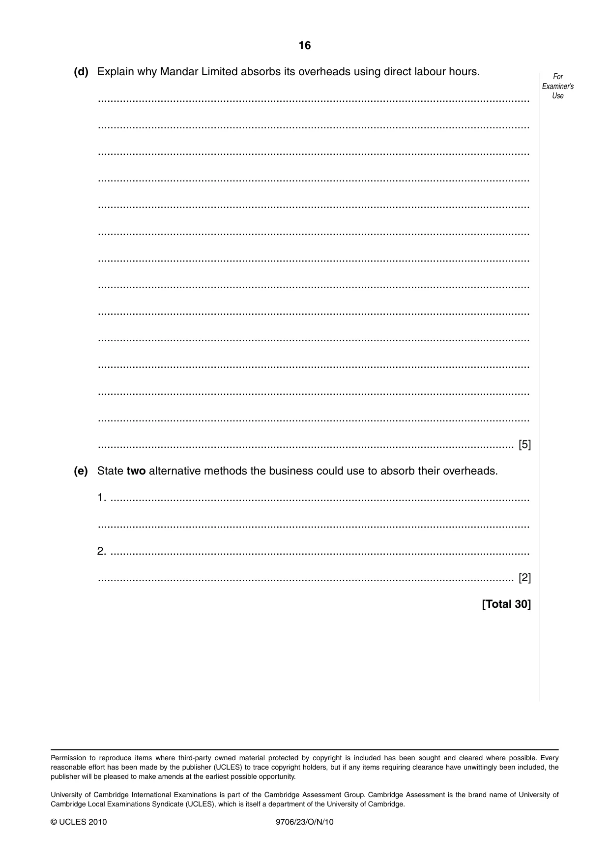 Cambridge A Level Accounting 9706 2010 Oct/Nov Paper 2 · Variant 3 question paper, page 16 of 16