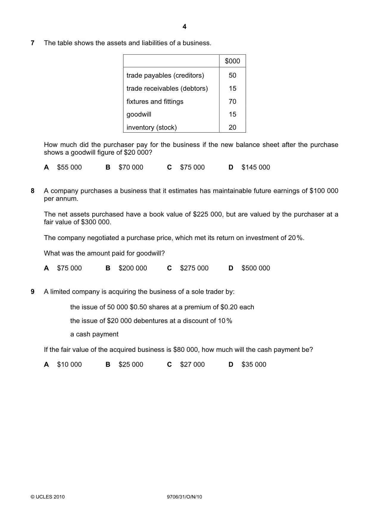 Cambridge A Level Accounting 9706 2010 Oct/Nov Paper 3 · Variant 1 question paper, page 4 of 12