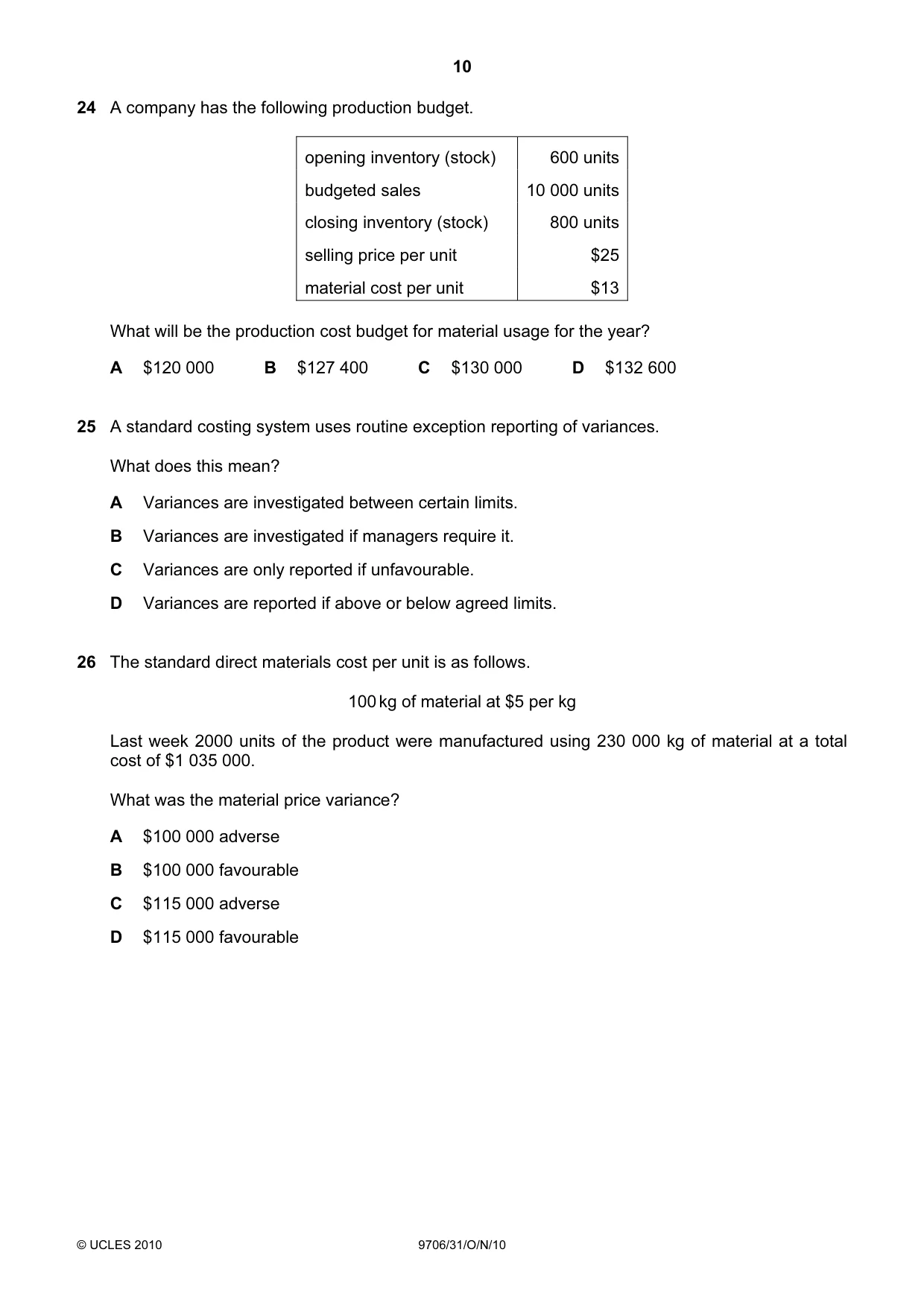 Cambridge A Level Accounting 9706 2010 Oct/Nov Paper 3 · Variant 1 question paper, page 10 of 12