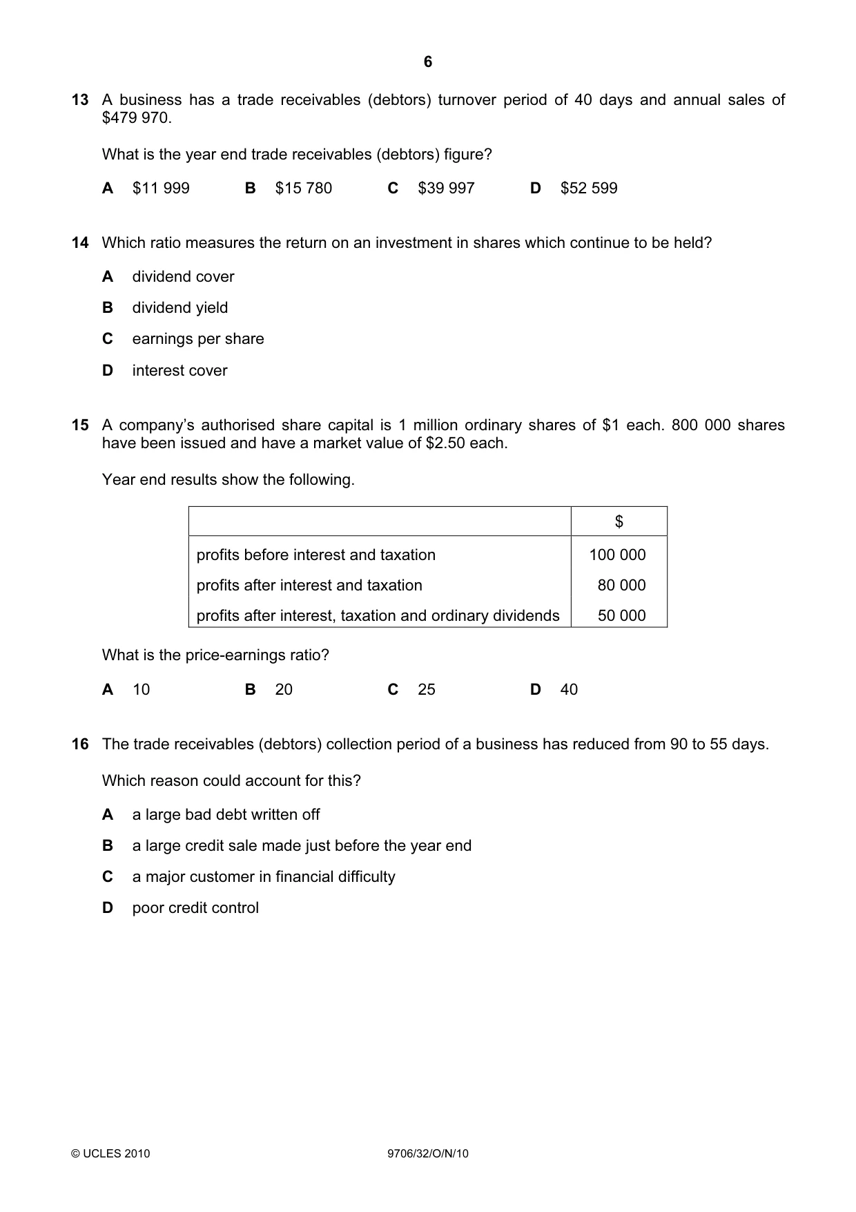 Cambridge A Level Accounting 9706 2010 Oct/Nov Paper 3 · Variant 2 question paper, page 6 of 12