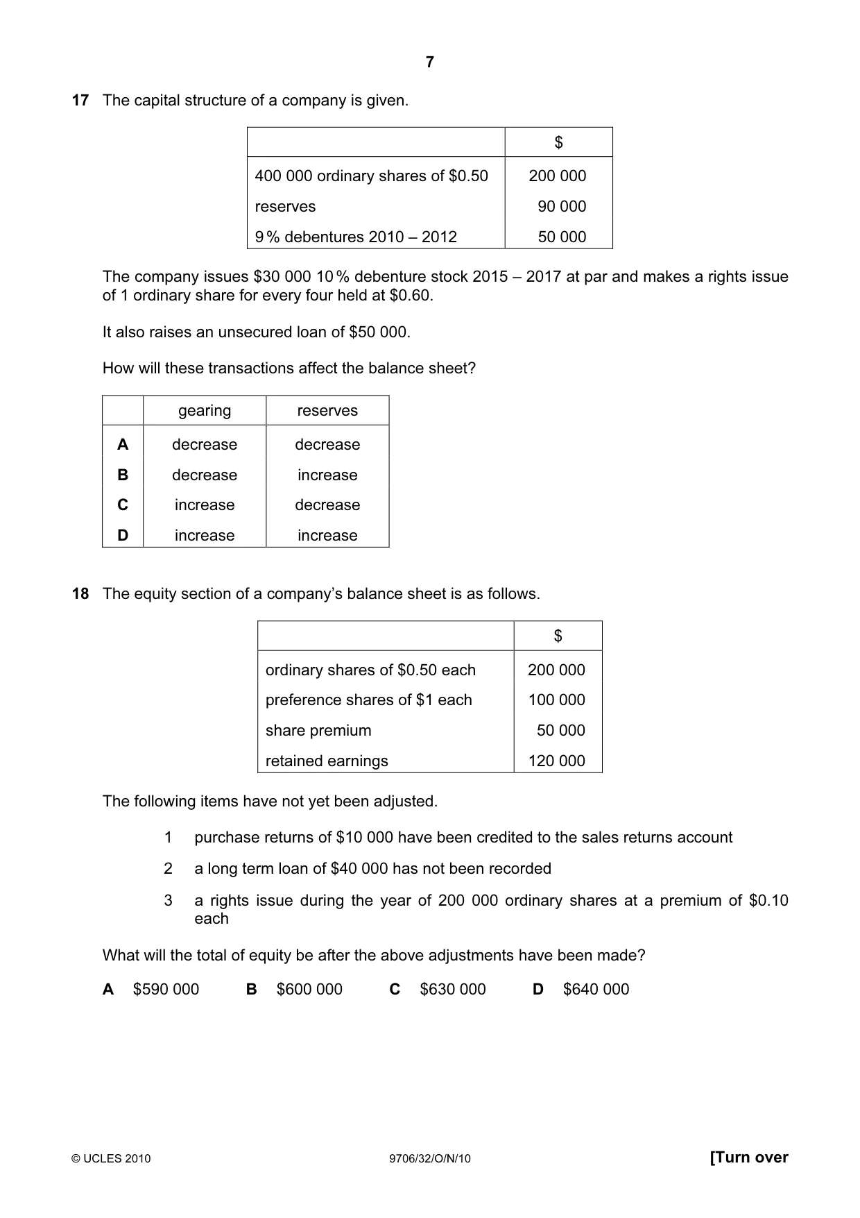 Cambridge A Level Accounting 9706 2010 Oct/Nov Paper 3 · Variant 2 question paper, page 7 of 12
