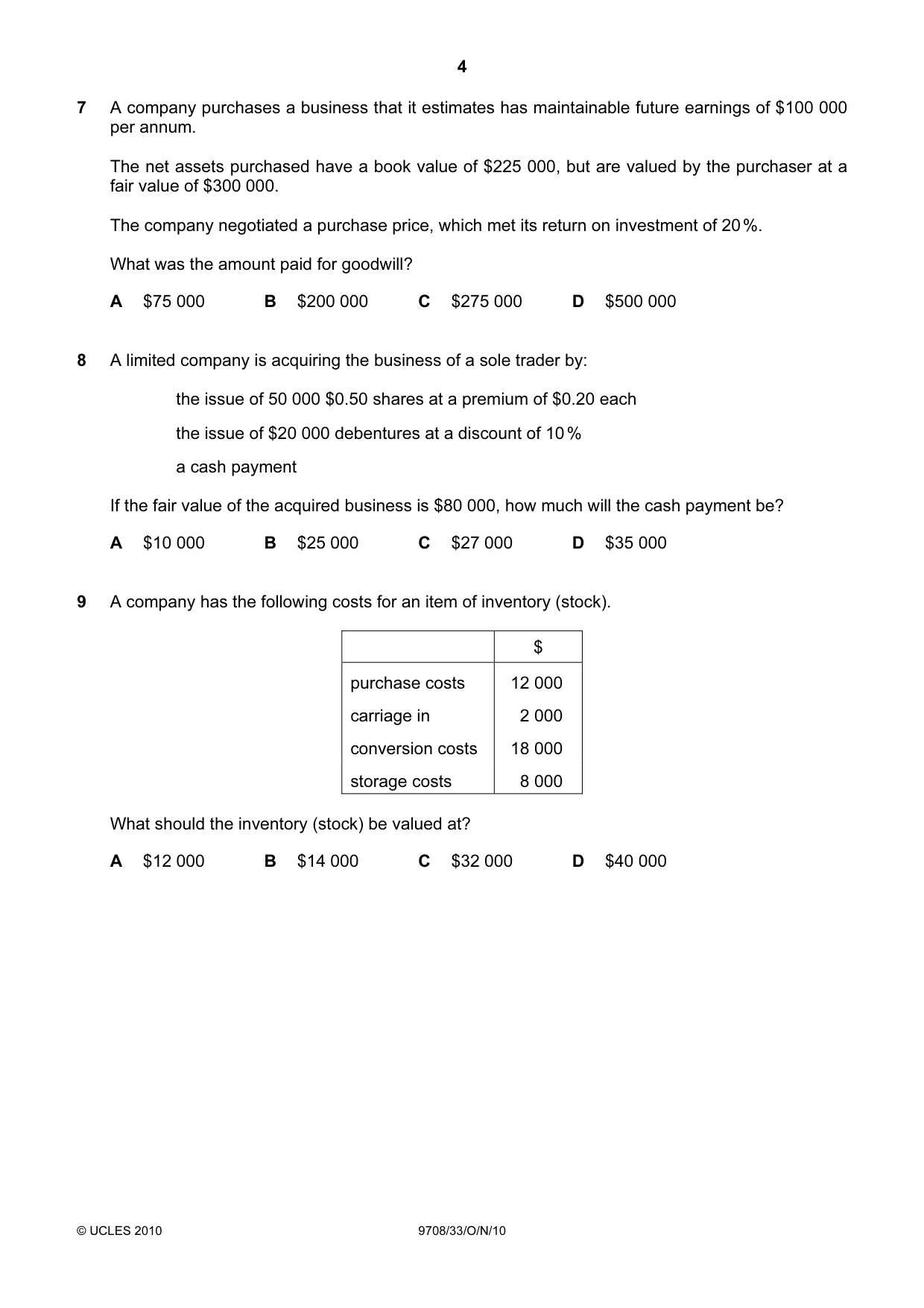 Cambridge A Level Accounting 9706 2010 Oct/Nov Paper 3 · Variant 3 question paper, page 4 of 12