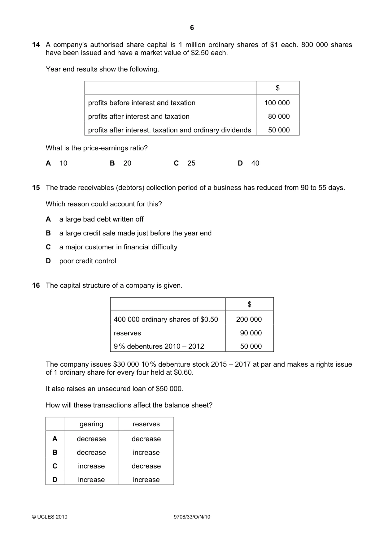 Cambridge A Level Accounting 9706 2010 Oct/Nov Paper 3 · Variant 3 question paper, page 6 of 12