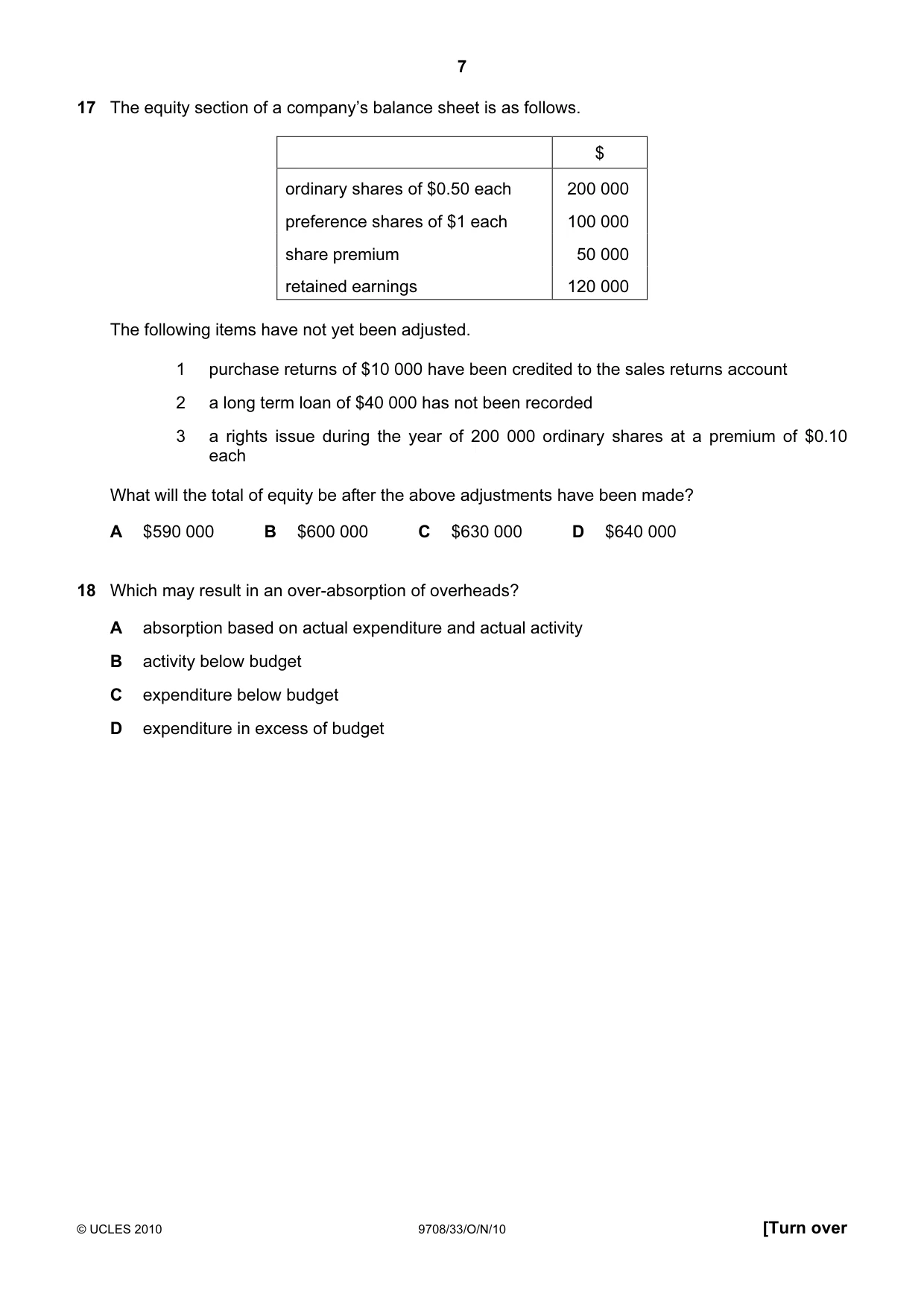 Cambridge A Level Accounting 9706 2010 Oct/Nov Paper 3 · Variant 3 question paper, page 7 of 12