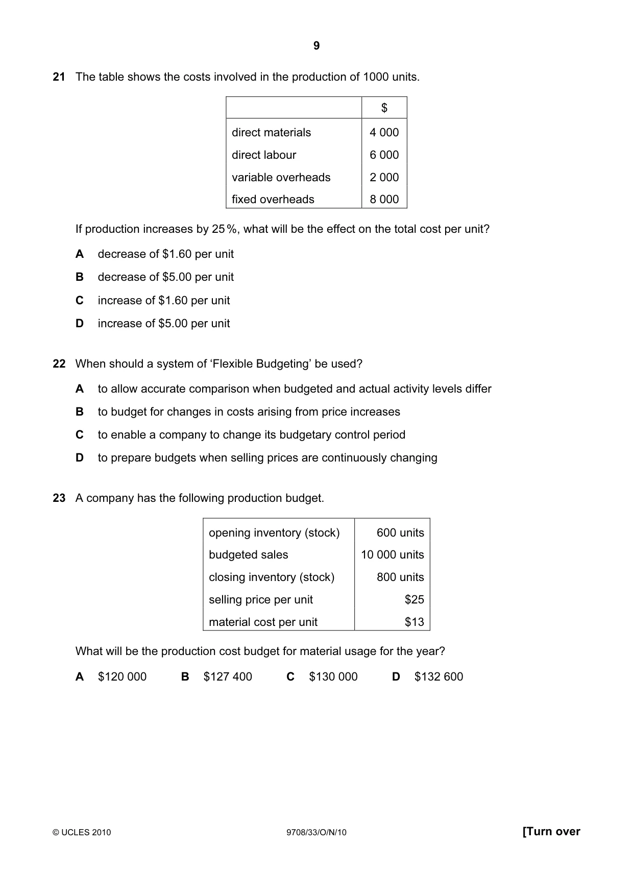 Cambridge A Level Accounting 9706 2010 Oct/Nov Paper 3 · Variant 3 question paper, page 9 of 12