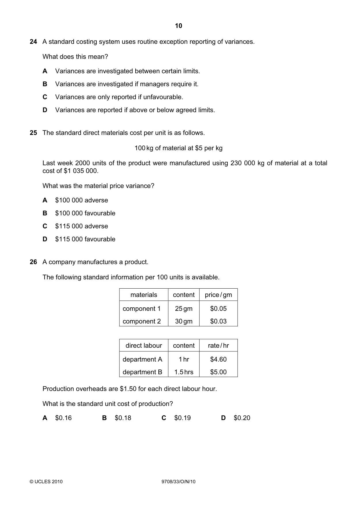Cambridge A Level Accounting 9706 2010 Oct/Nov Paper 3 · Variant 3 question paper, page 10 of 12