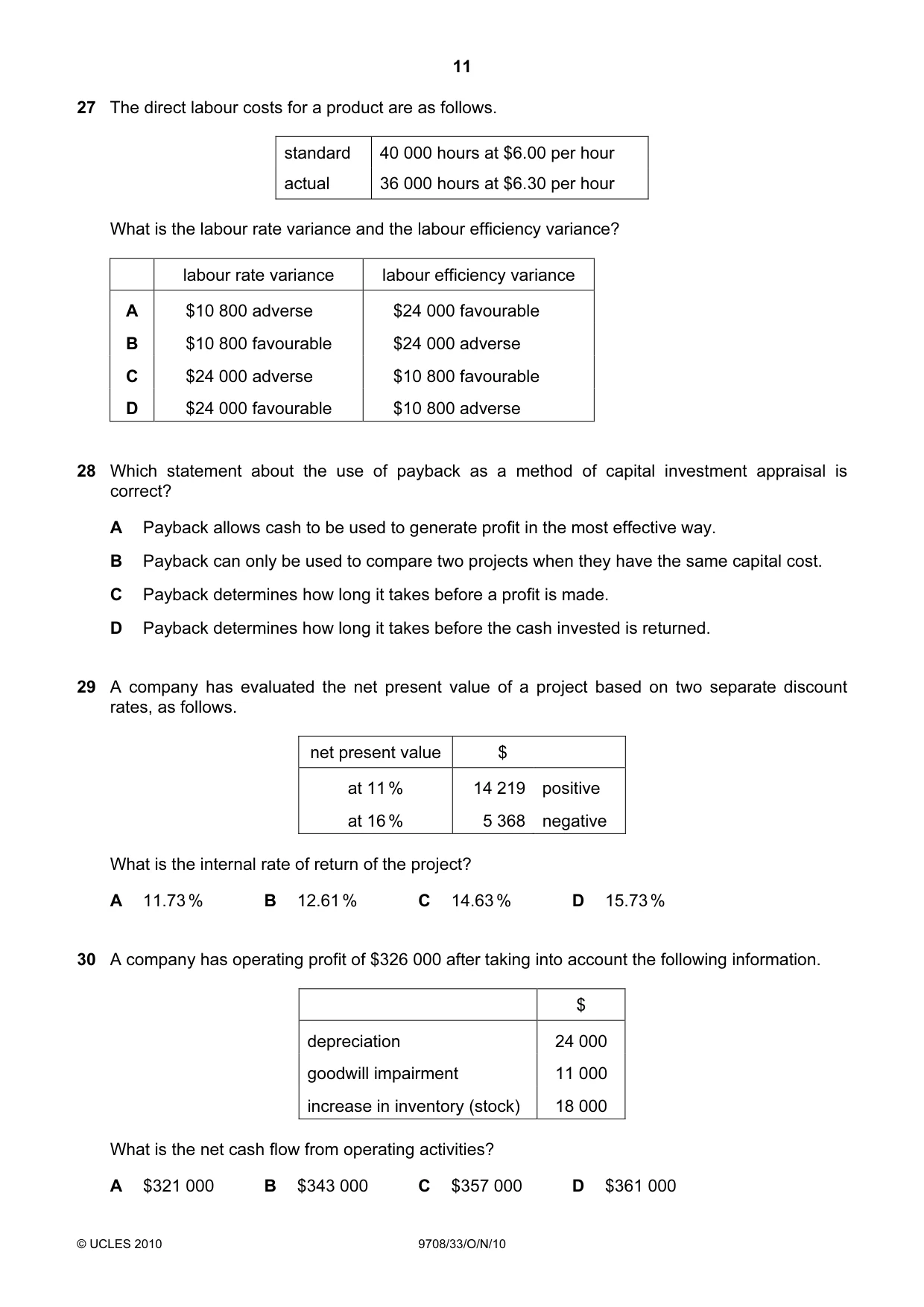 Cambridge A Level Accounting 9706 2010 Oct/Nov Paper 3 · Variant 3 question paper, page 11 of 12