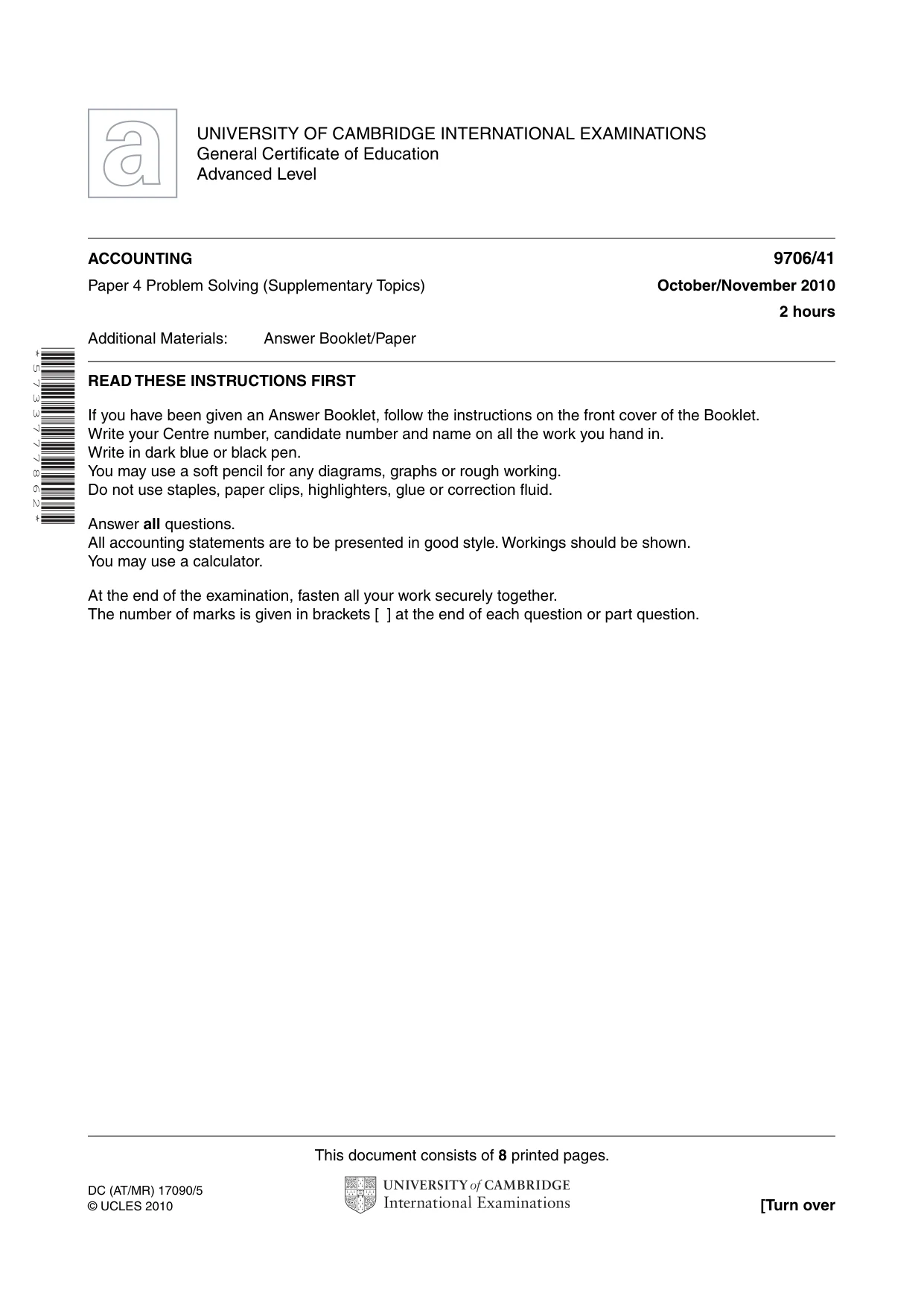 Cambridge A Level Accounting 9706 2010 Oct/Nov Paper 4 · Variant 1 question paper, page 1 of 8